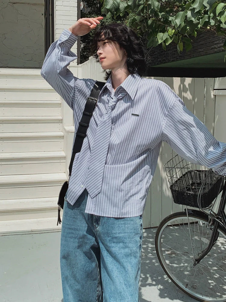 [Free Tie] College Striped Long Sleeve Shirt Men's Spring Loose Casual Shirt Korean Commuter DK Inside