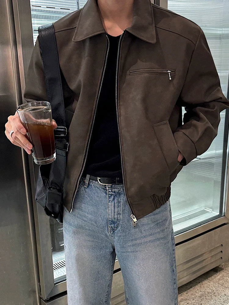 American retro short leather jacket men's autumn loose lapel leather jacket Korean trend ruffian handsome locomotive clothing