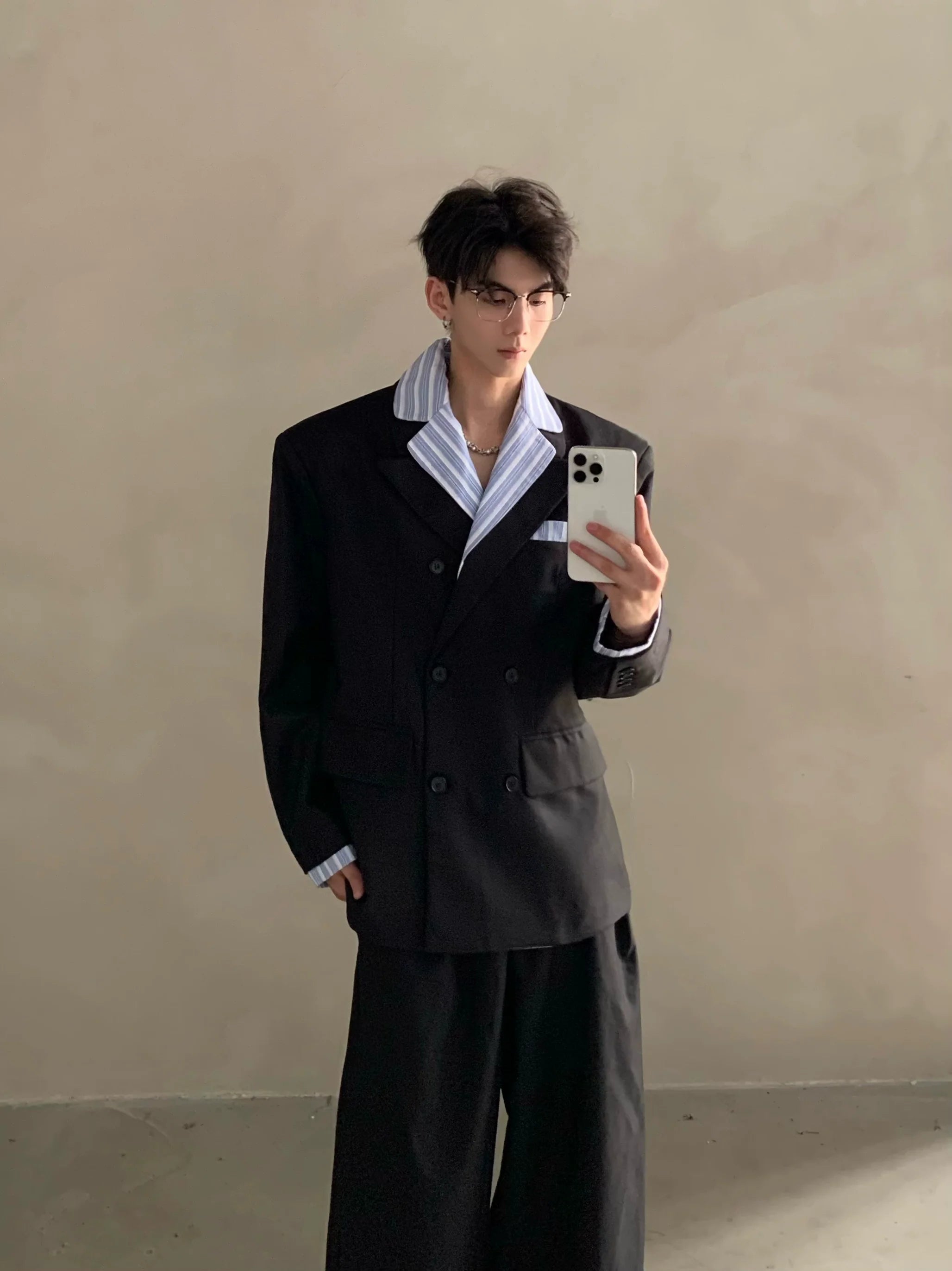 Niche high-end Miu striped shirt collar shoulder padded suit men's ruffian handsome suit jacket