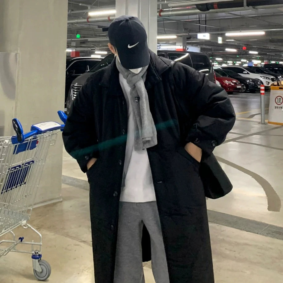 고급 남성용 겨울 무릎 길이 면 패딩 코트 재킷, 한국풍 루즈핏 두꺼운 라펠 면 의류 