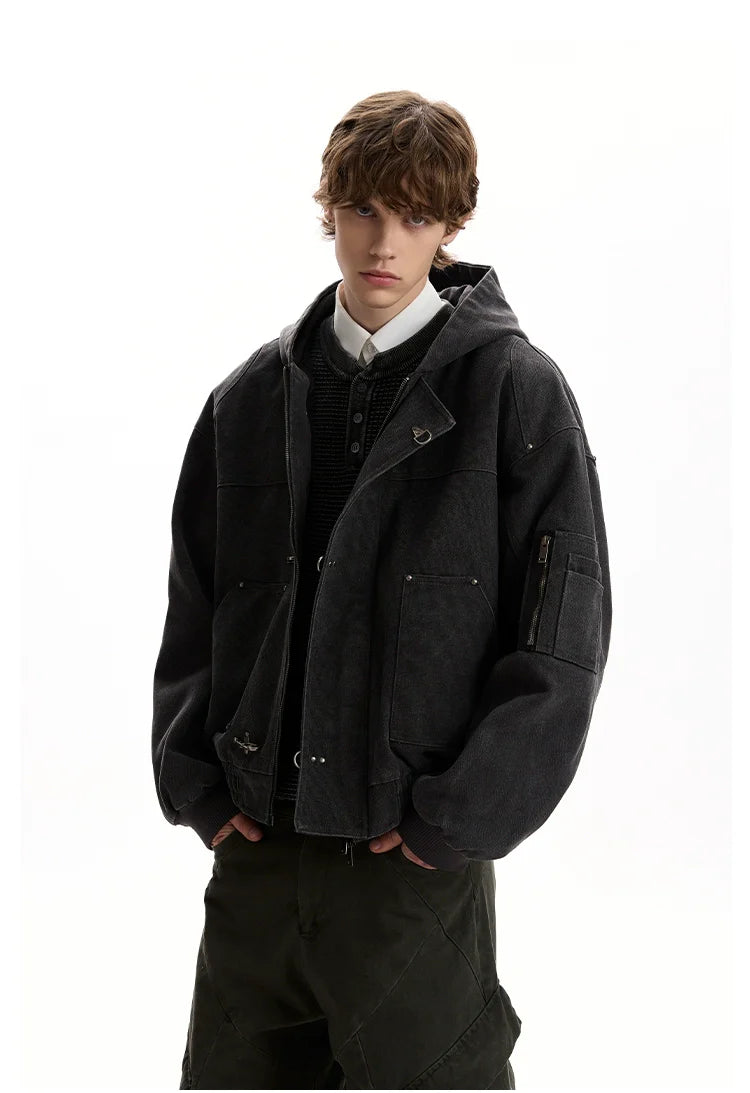 Vintage washed old plane buckle design hooded jacket SIN0952