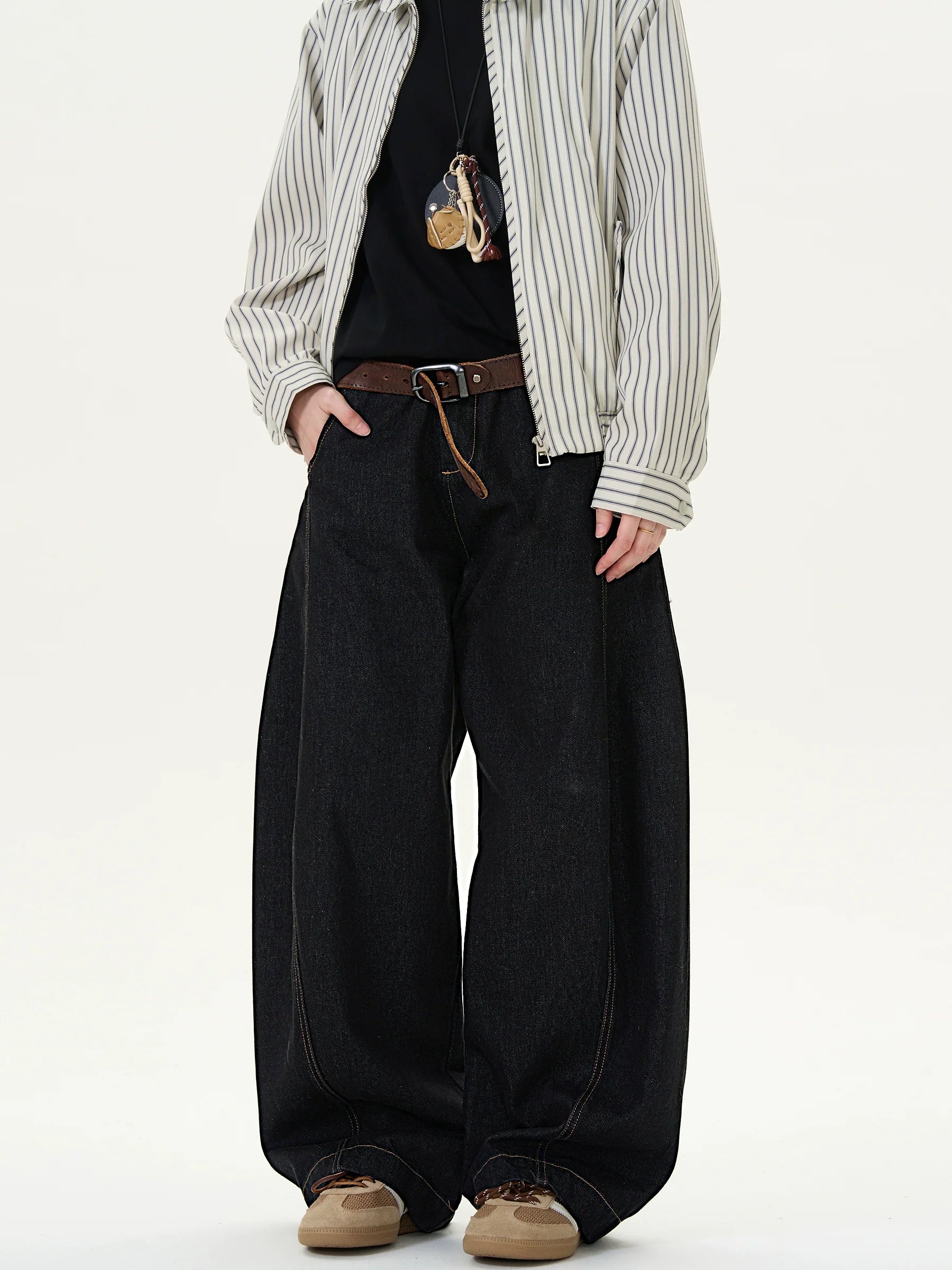 Unisex Vintage Black Denim Scimitar Wide-Leg Pants EHK6006