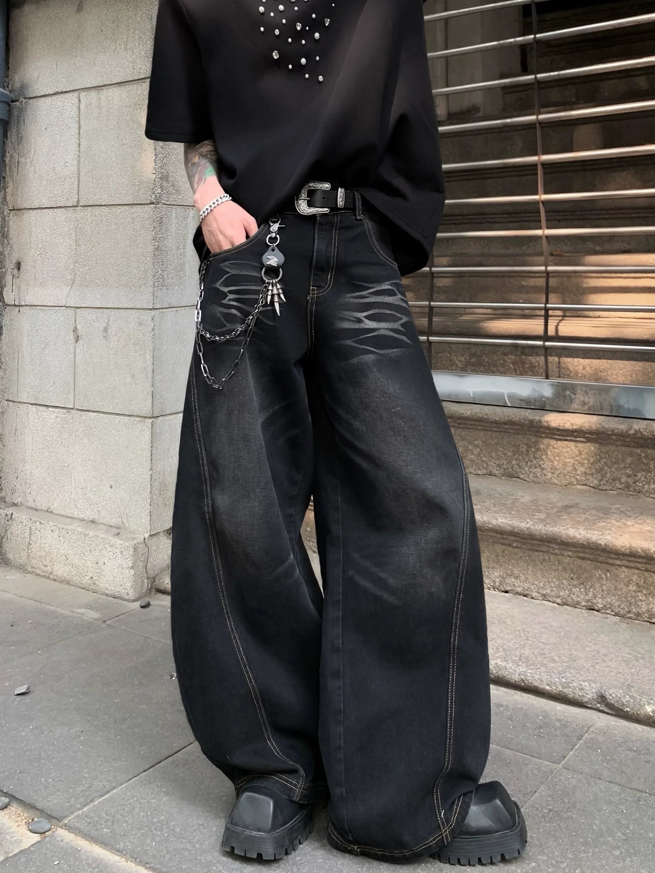 American high street lazy relaxation scimitar pants men's design sense cleanfit jeans high sense