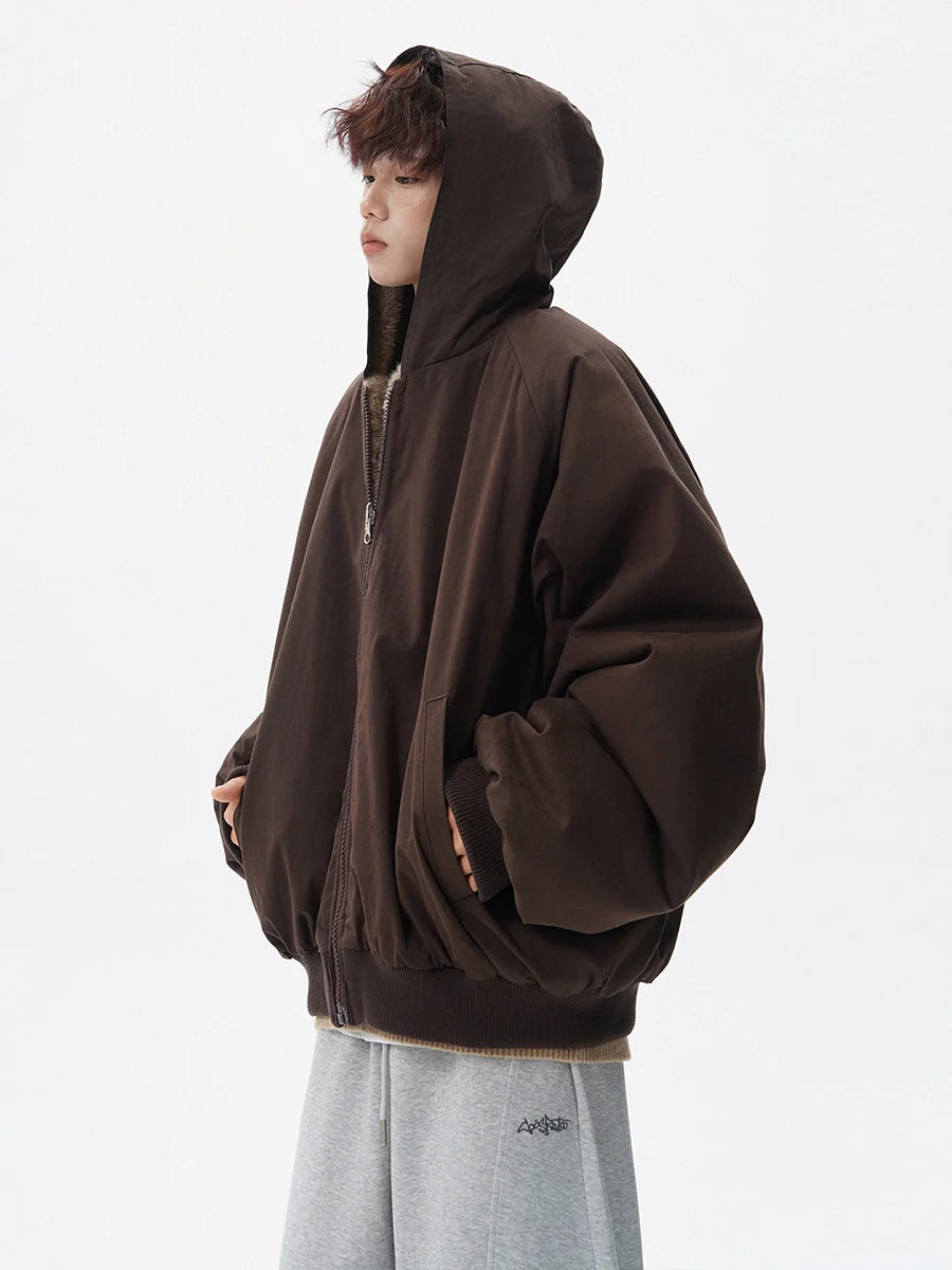 American mountain carving fleece hooded cotton-padded jacket men's winter new trendy brand loose retro thickened warm cotton clothes