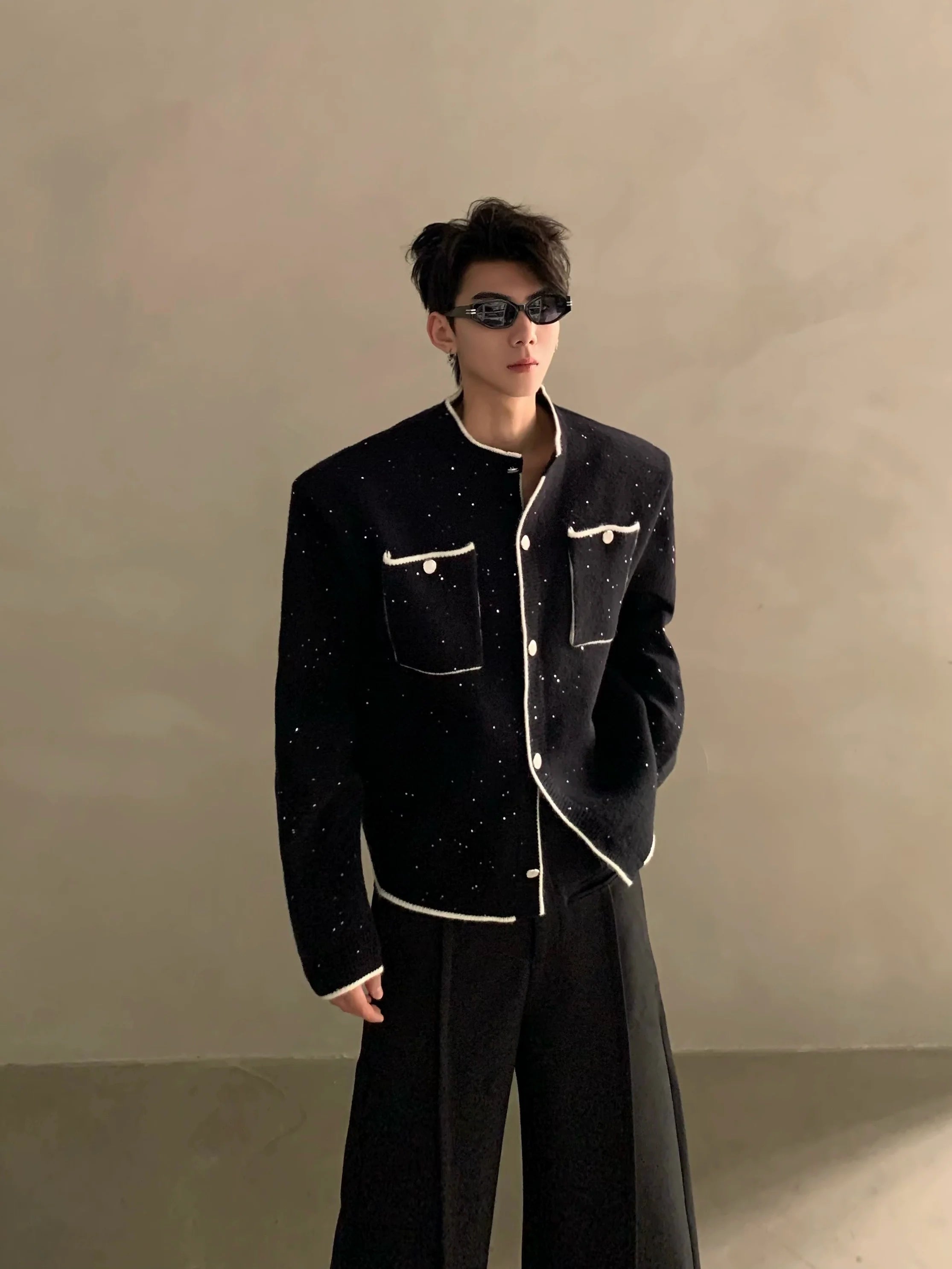 Autumn and winter light luxury high-end sense small fragrant wind contrasting color stand-up neck knitted cardigan men's button sweater jacket