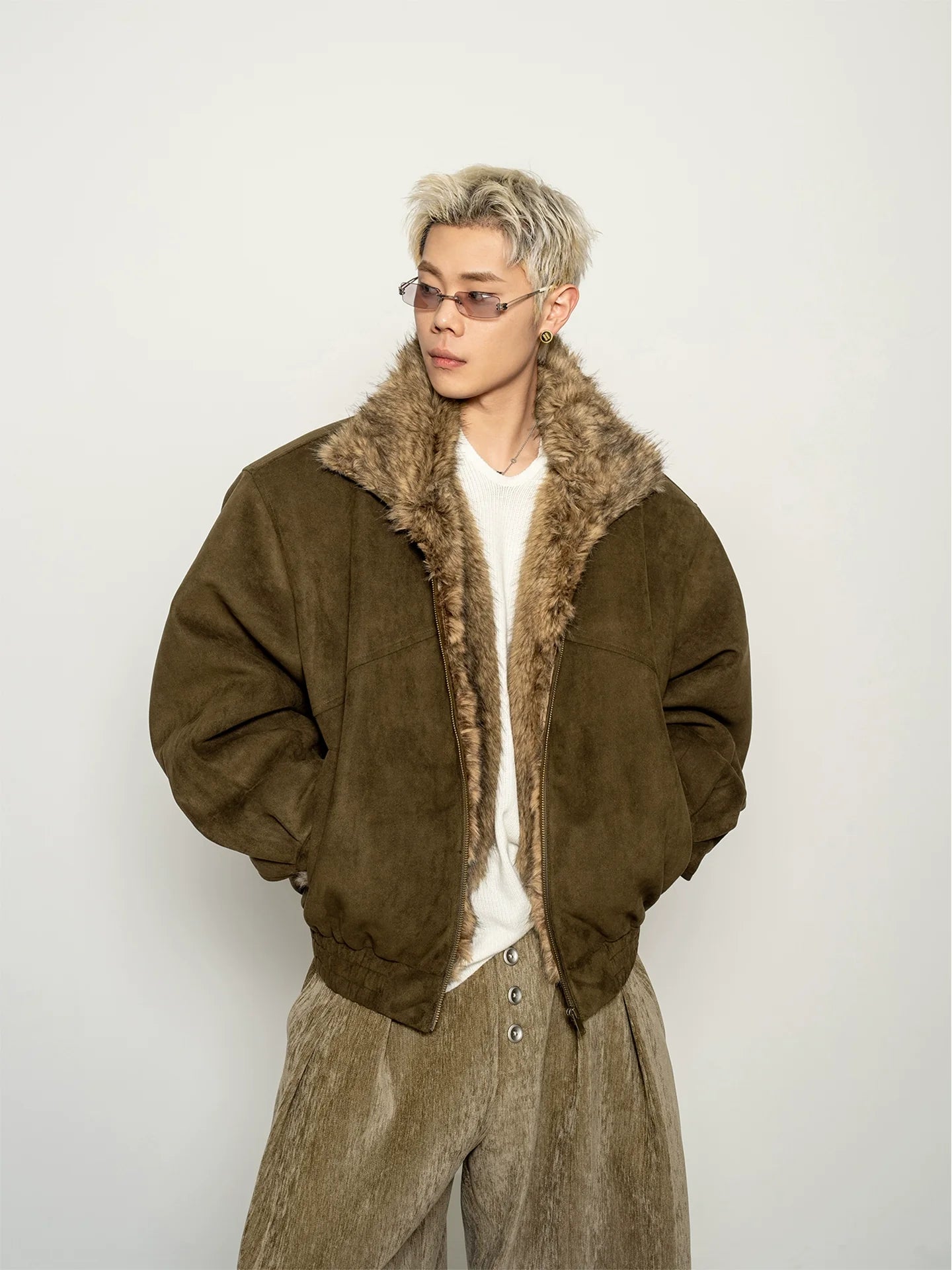 American heavy suede suede imitation fox hair cotton jacket, loose and wide shoulder padded thick coat in winter