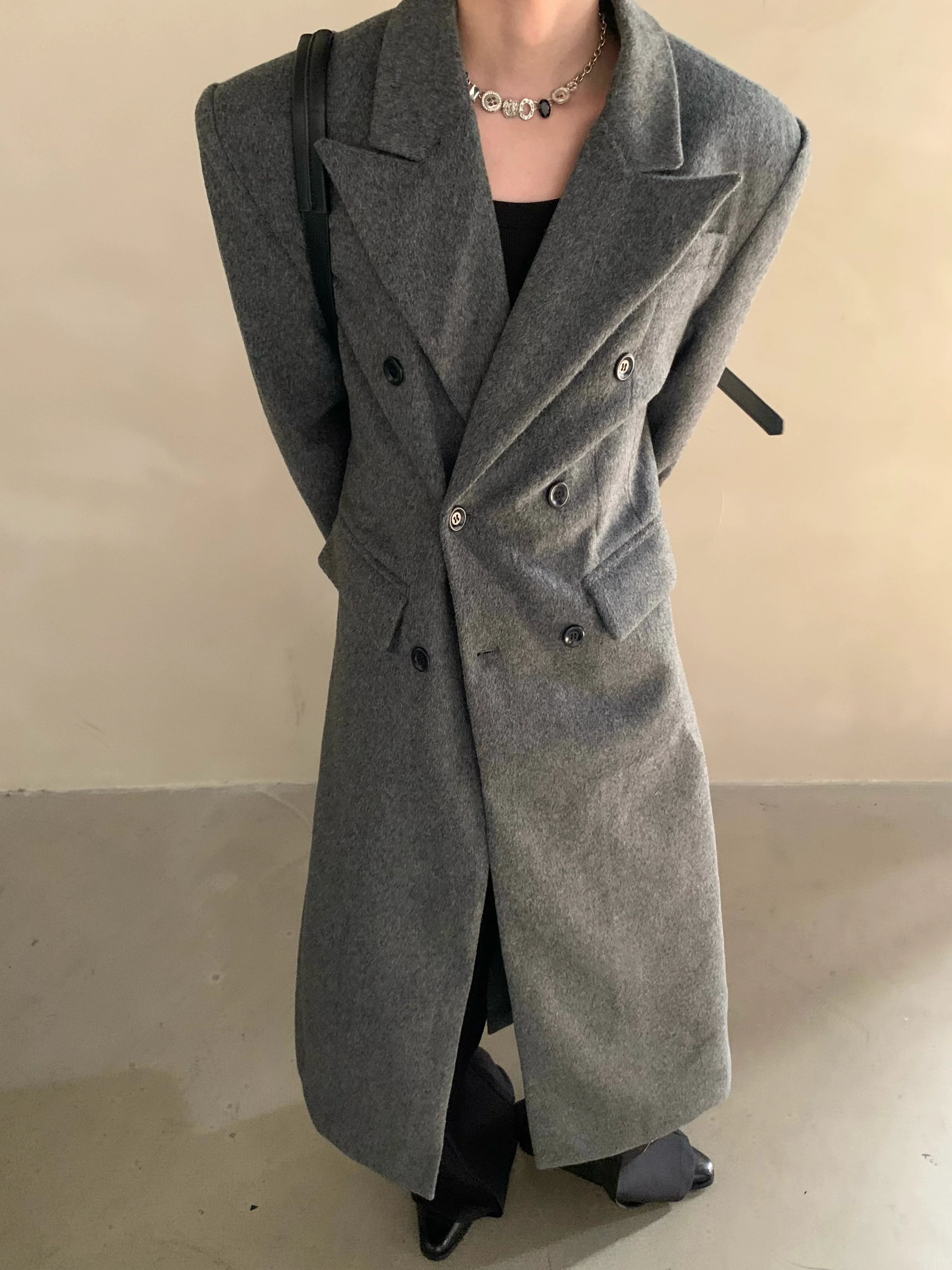 Winter niche shoulder padded silhouette woolen coat men's long double-breasted premium trench coat