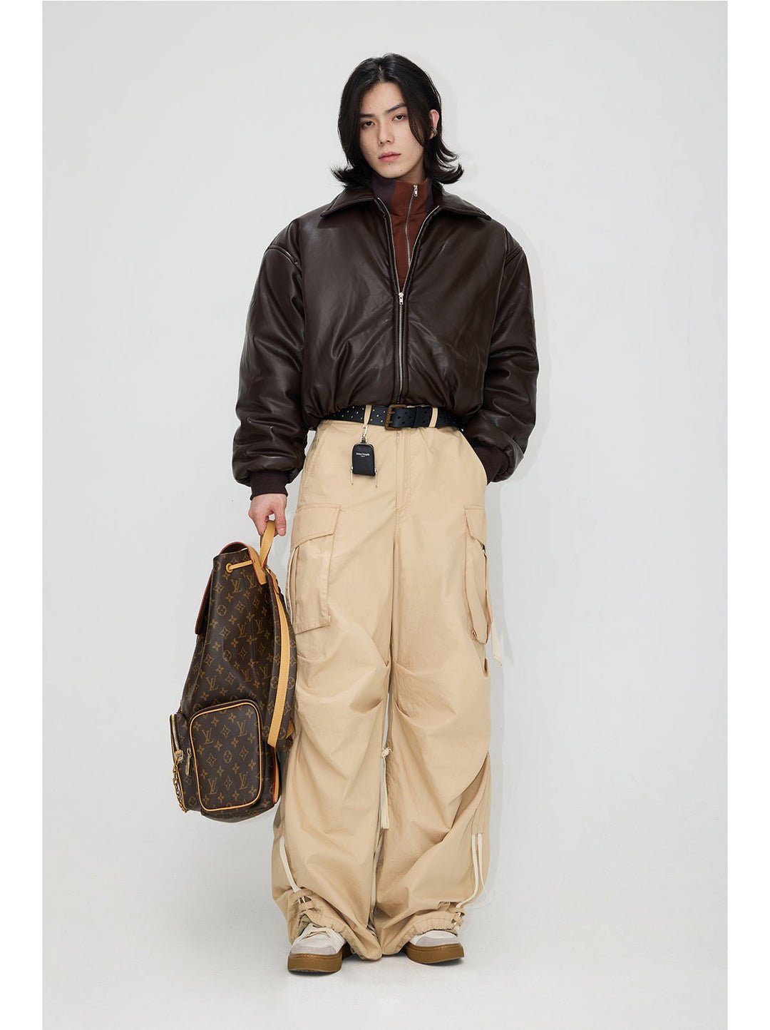 [PeopleStyle] Vintage Leder-Baumwolljacke mit überschnittenen Schultern st1792 