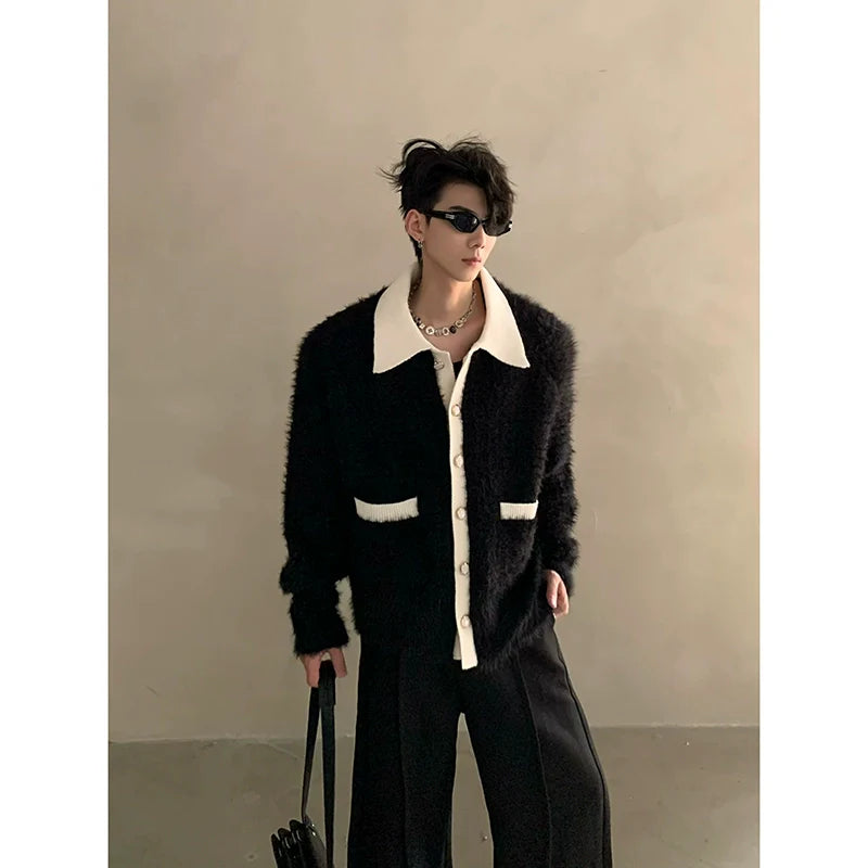 Winter extravagant atmosphere small fragrant lapel knitted cardigan men's heavy button sweater jacket