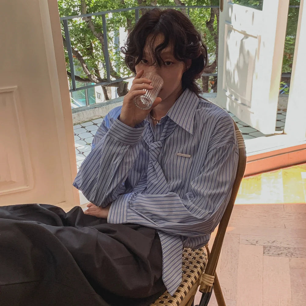 [Free Tie] College Striped Long Sleeve Shirt Men's Spring Loose Casual Shirt Korean Commuter DK Inside