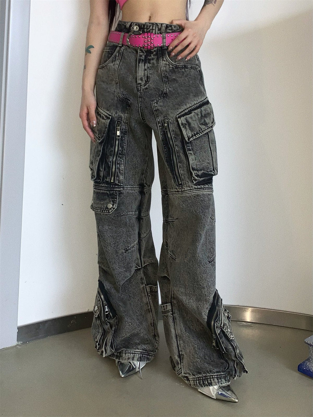 [PEOPLESTYLE] Multi-pocket wide leg casual jeans st2096