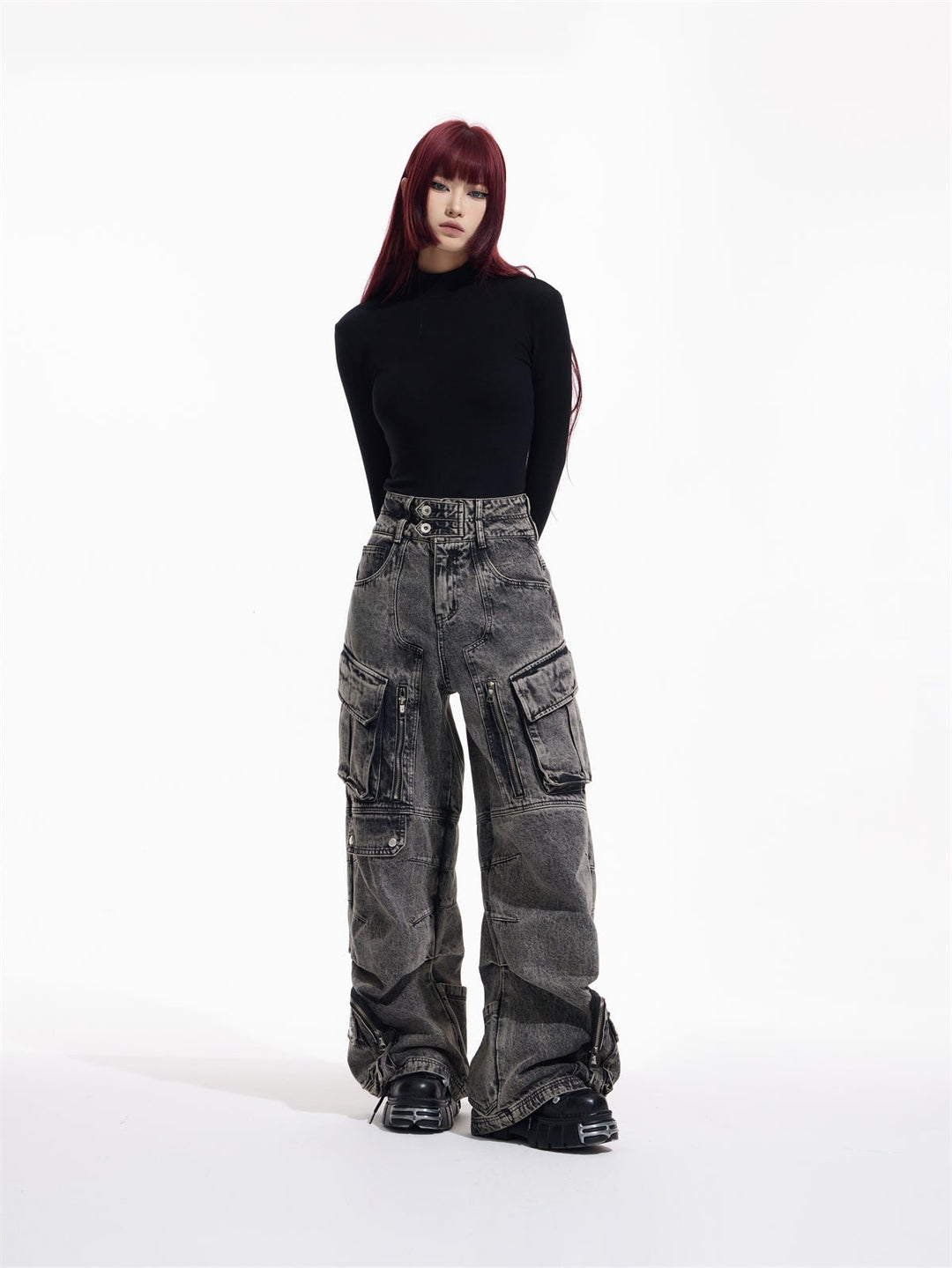 [PEOPLESTYLE] Multi-pocket wide leg casual jeans st2096