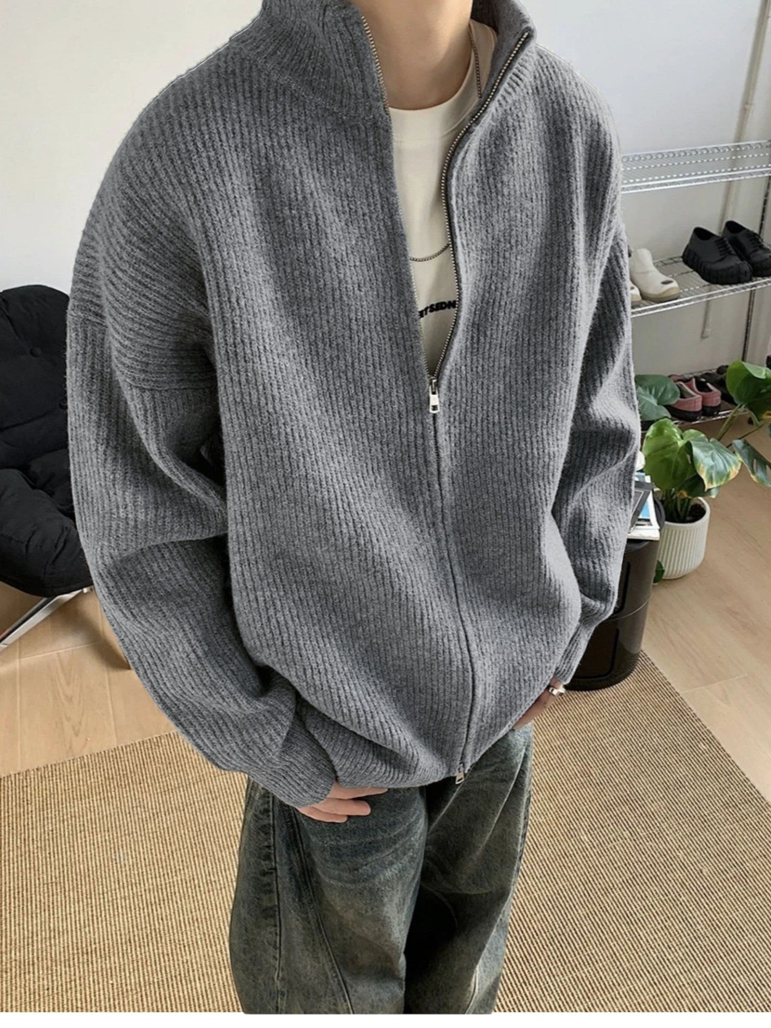 [WXB] 한국산 골지 지퍼업 하이칼라 셔츠 st4010