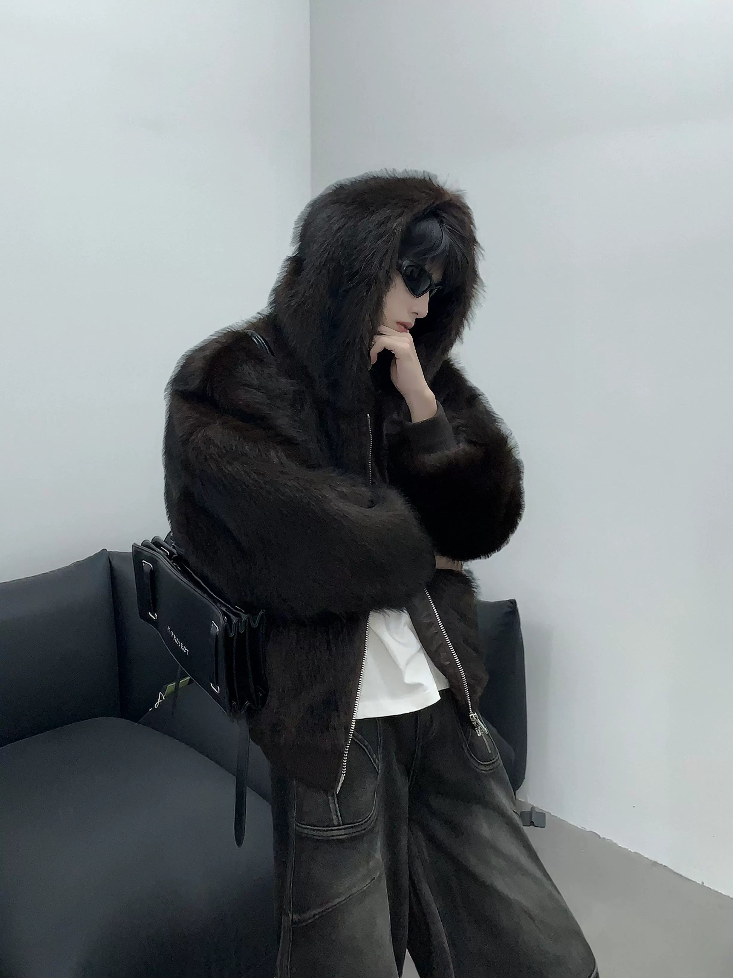 Winter thickened warm plush hooded mink jacket men's imitation fur cleanfit mink cotton jacket