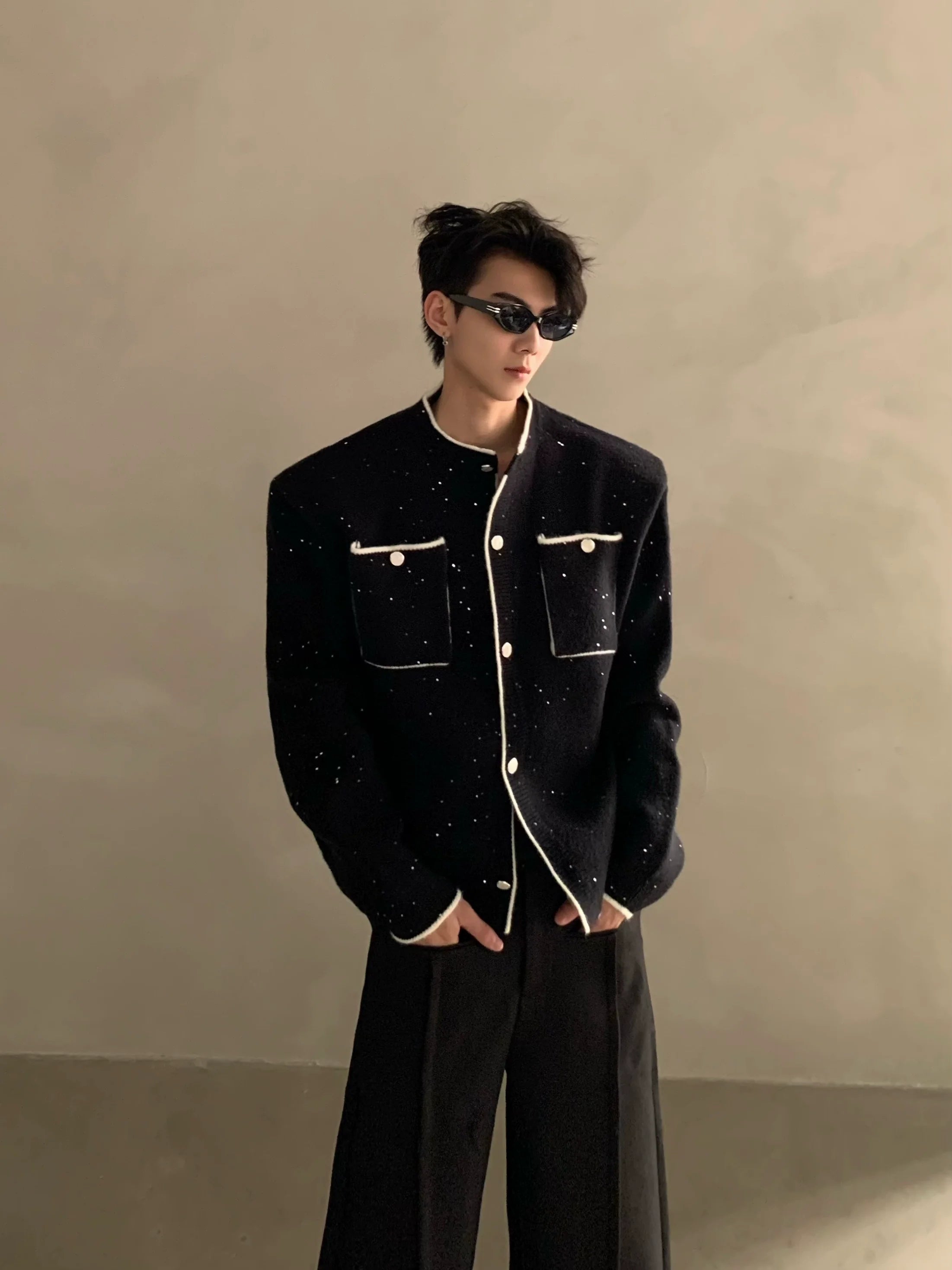 Autumn and winter light luxury high-end sense small fragrant wind contrasting color stand-up neck knitted cardigan men's button sweater jacket