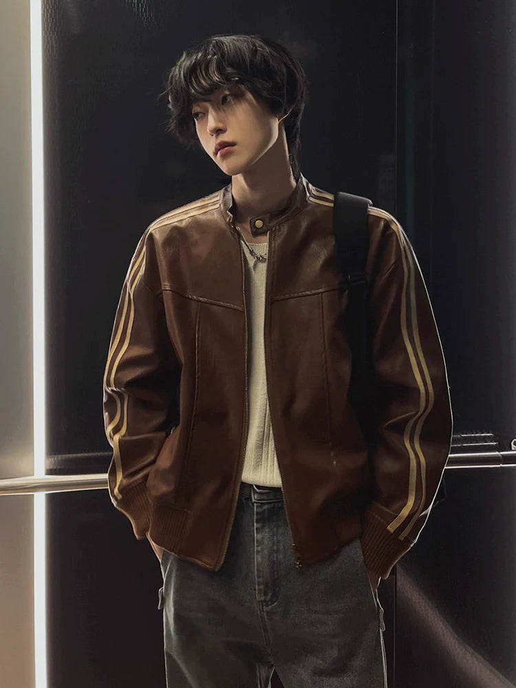 Maillard style leather jacket men's autumn loose stand-up collar top Korean trend motorcycle leather jacket