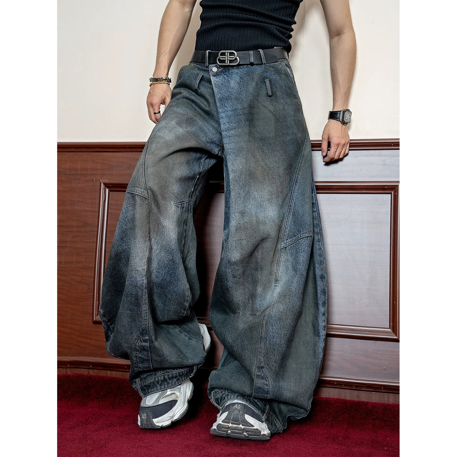 Old polished jeans men's summer street heavy design sense reversed waist wide-leg pants