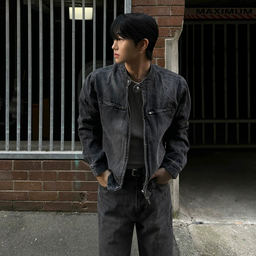 러피안 핸섬 숏 데님 재킷, 남성용 봄 루즈핏 스탠드업 칼라 재킷, 한국 트렌디 하이엔드 데님 