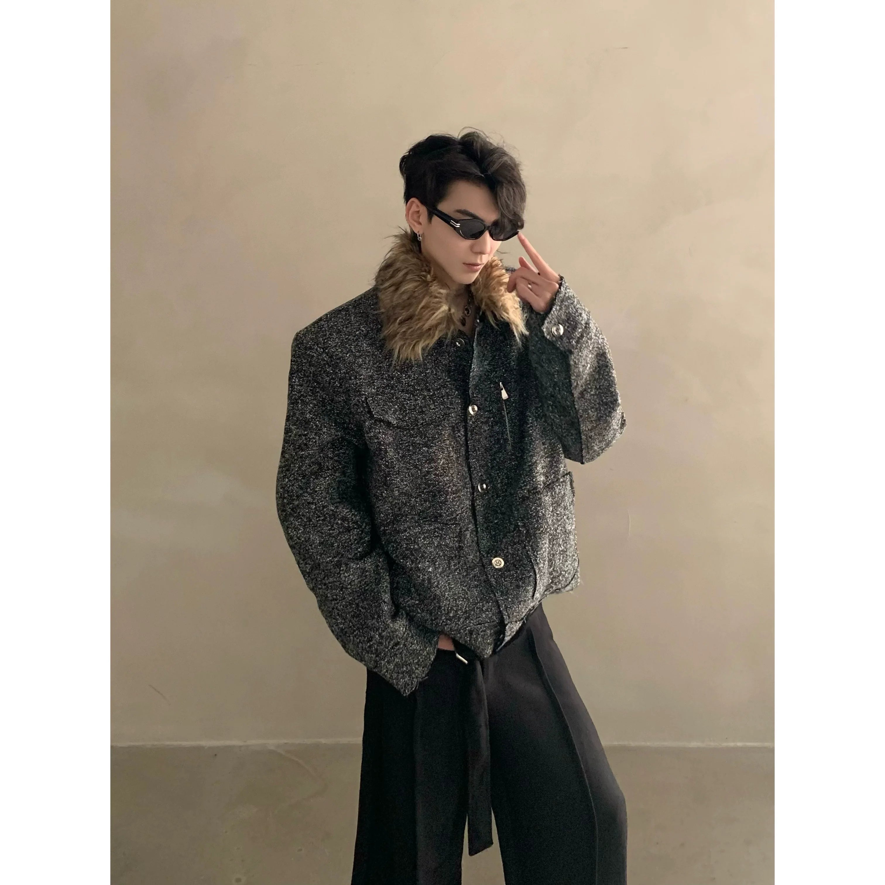 Winter niche light luxury fur collar shoulder padded small fragrant jacket men's high-end short padded jacket