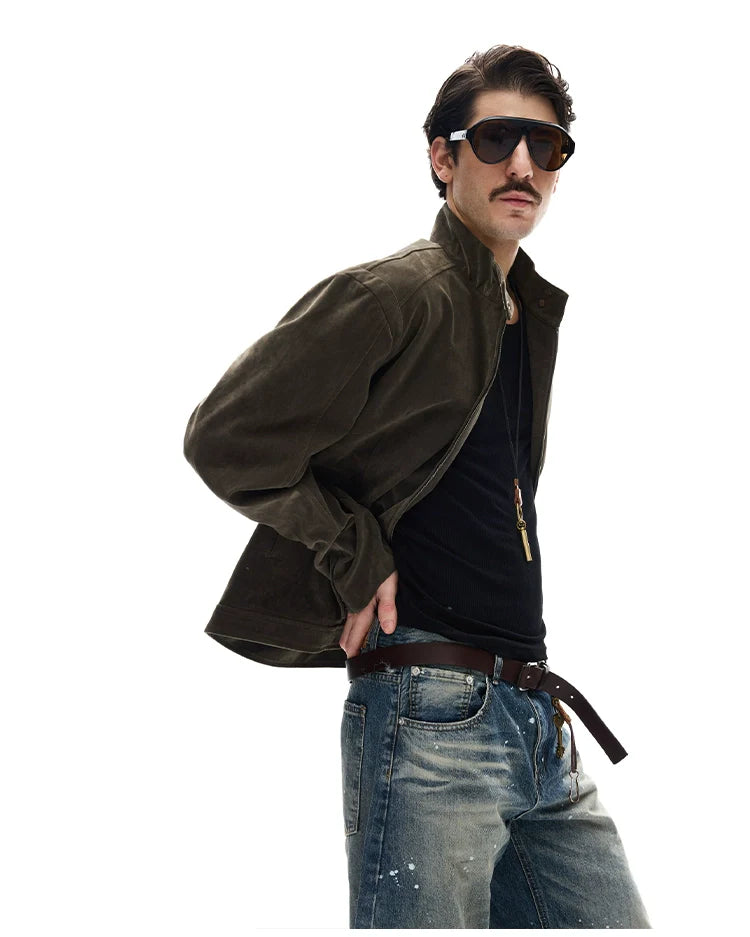 모던 스트리트 레트로 스웨이드 툴링 스탠드업 칼라 재킷, 남녀공용 캐주얼 디컨스트럭션 스플라이싱 숏 코트 