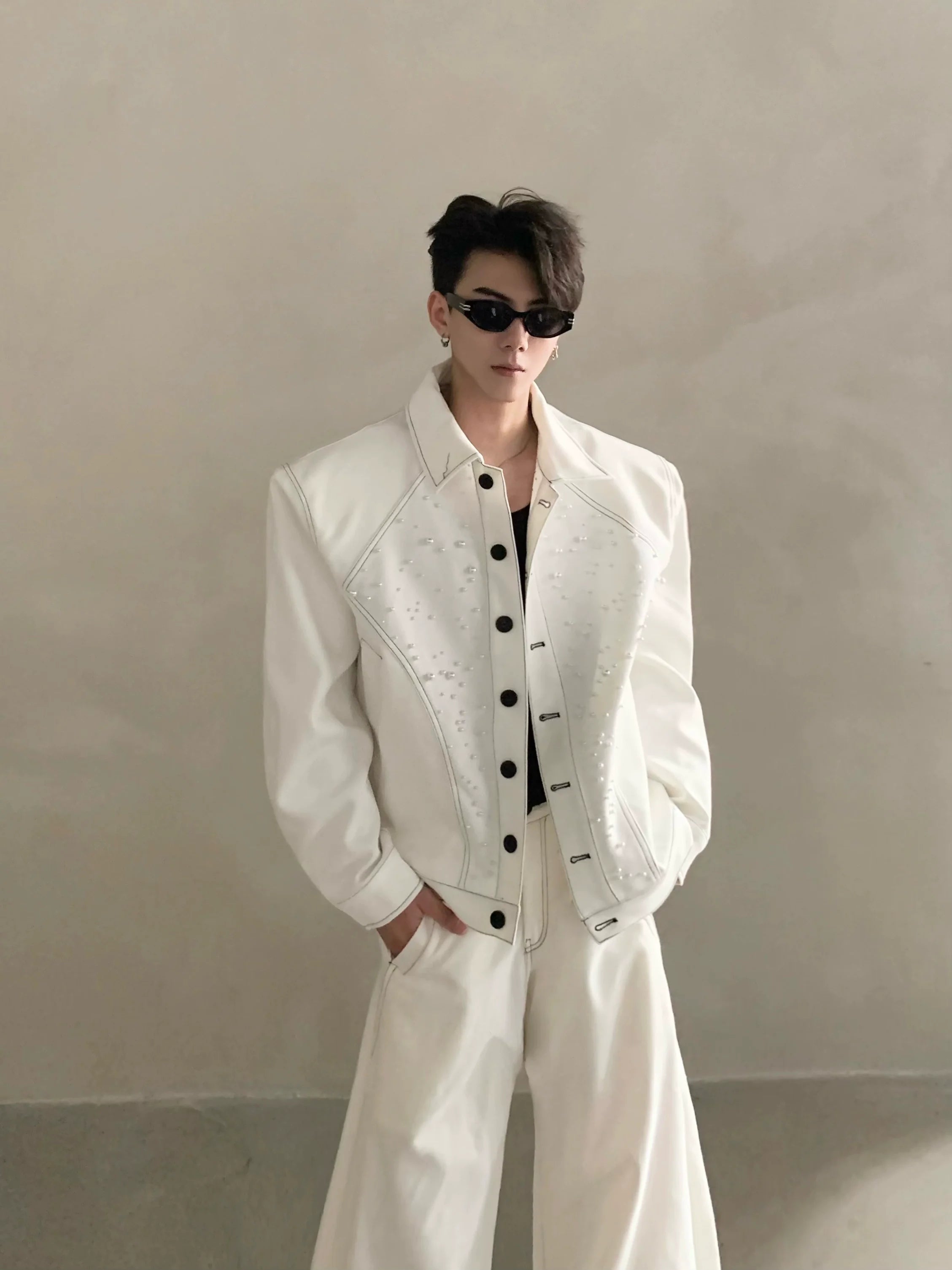 Niche high-end white shoulder padded jacket jacket men's autumn trousers suit minimalist style