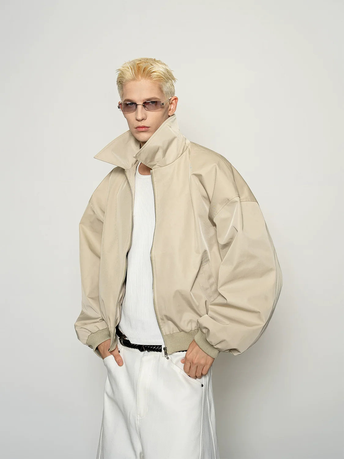 Stiff glossy versatile silhouette windproof lapel jacket men's shoulder short tooling jacket