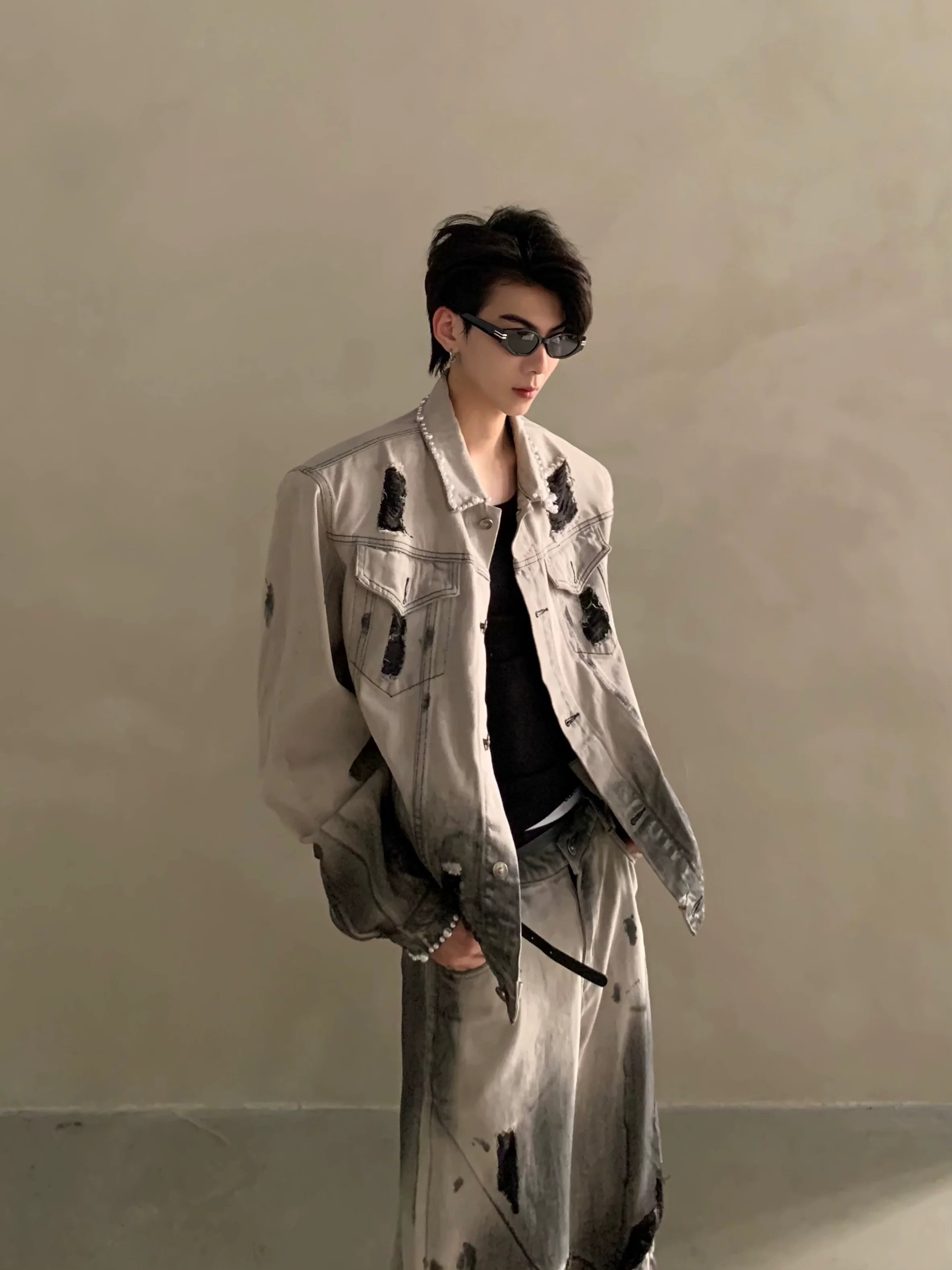 틈새 폐기물 토양 타이 다이 구멍 디자인 어깨 패드 데님 재킷 남성 고급 정장 트렌드 