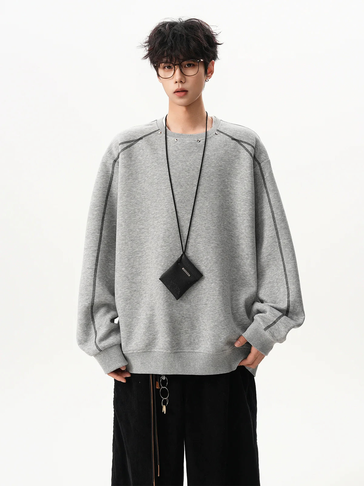 American Hasselblad line rivet sweater men and women winter high street couple crew neck inside loose design sports top SIN0896