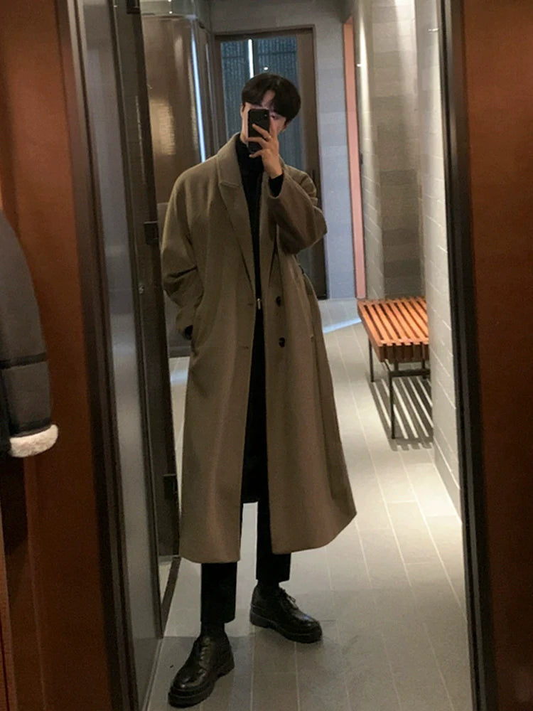 남성용 겨울 코트, 한국 고급 무릎 길이 트렌치 코트, 루즈핏 레트로 스타일 두꺼운 울 코트, 트렌디한 디자인 