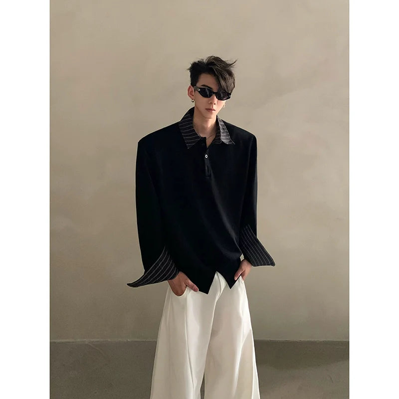 Niche light luxury high-end sense fake two-piece splicing design sense ruffian handsome casual Polo shirt men's trend