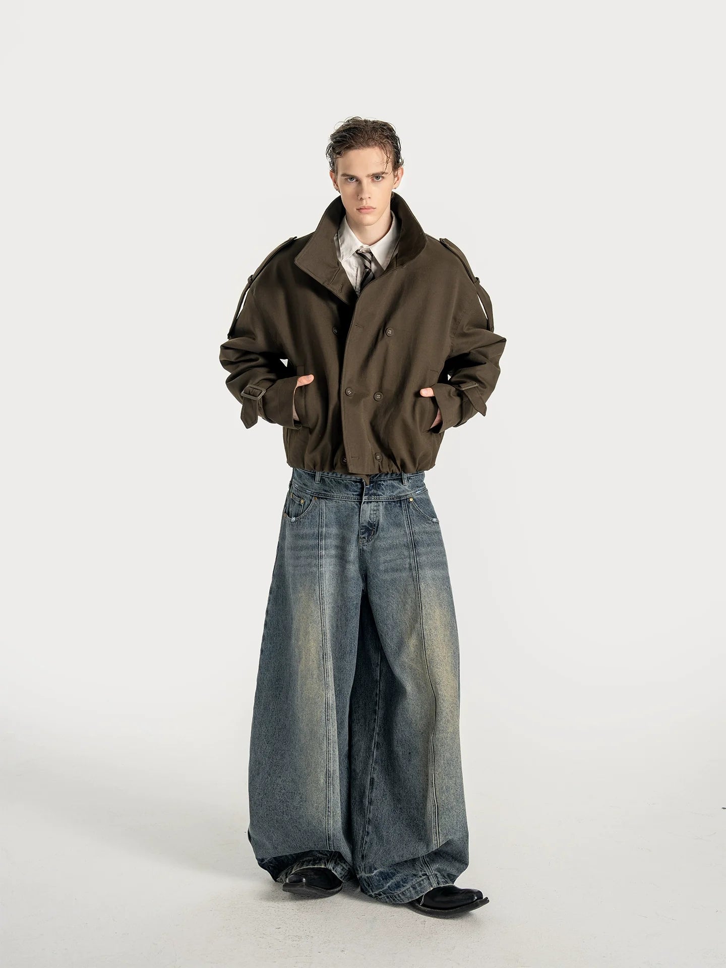 Pragmatism, American stand-up neck padded trench coat, wide shoulder, autumn and winter short jacket