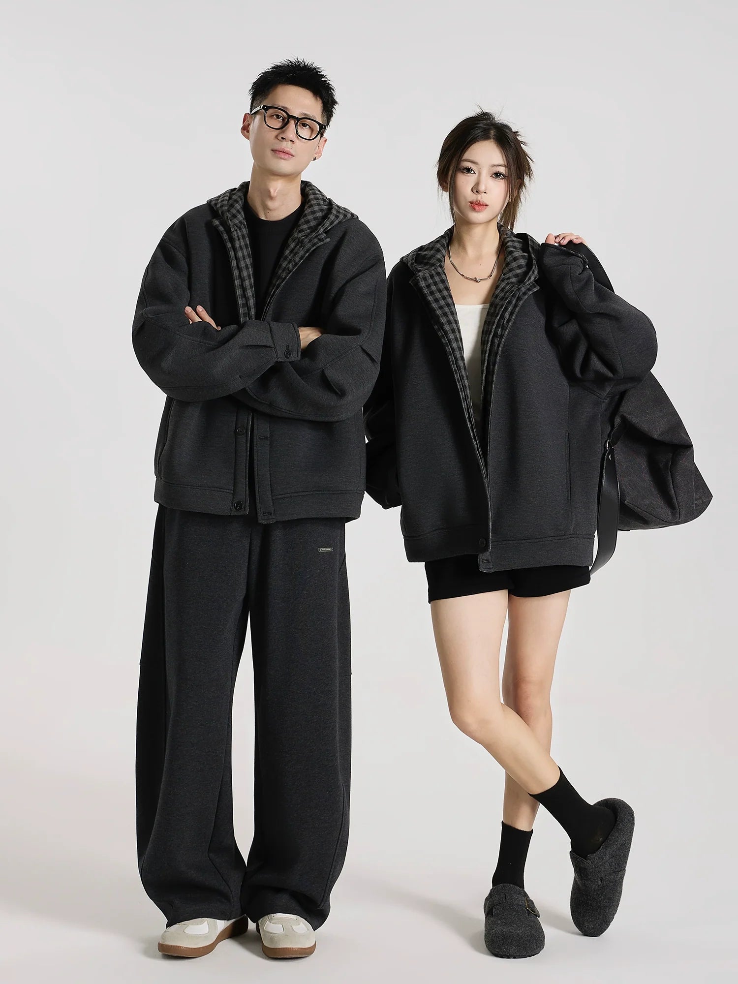 Time Overlapping" Jelly Air Layer Plaid Splicing Fake Two-piece Cardigan Hooded Sweater Jacket