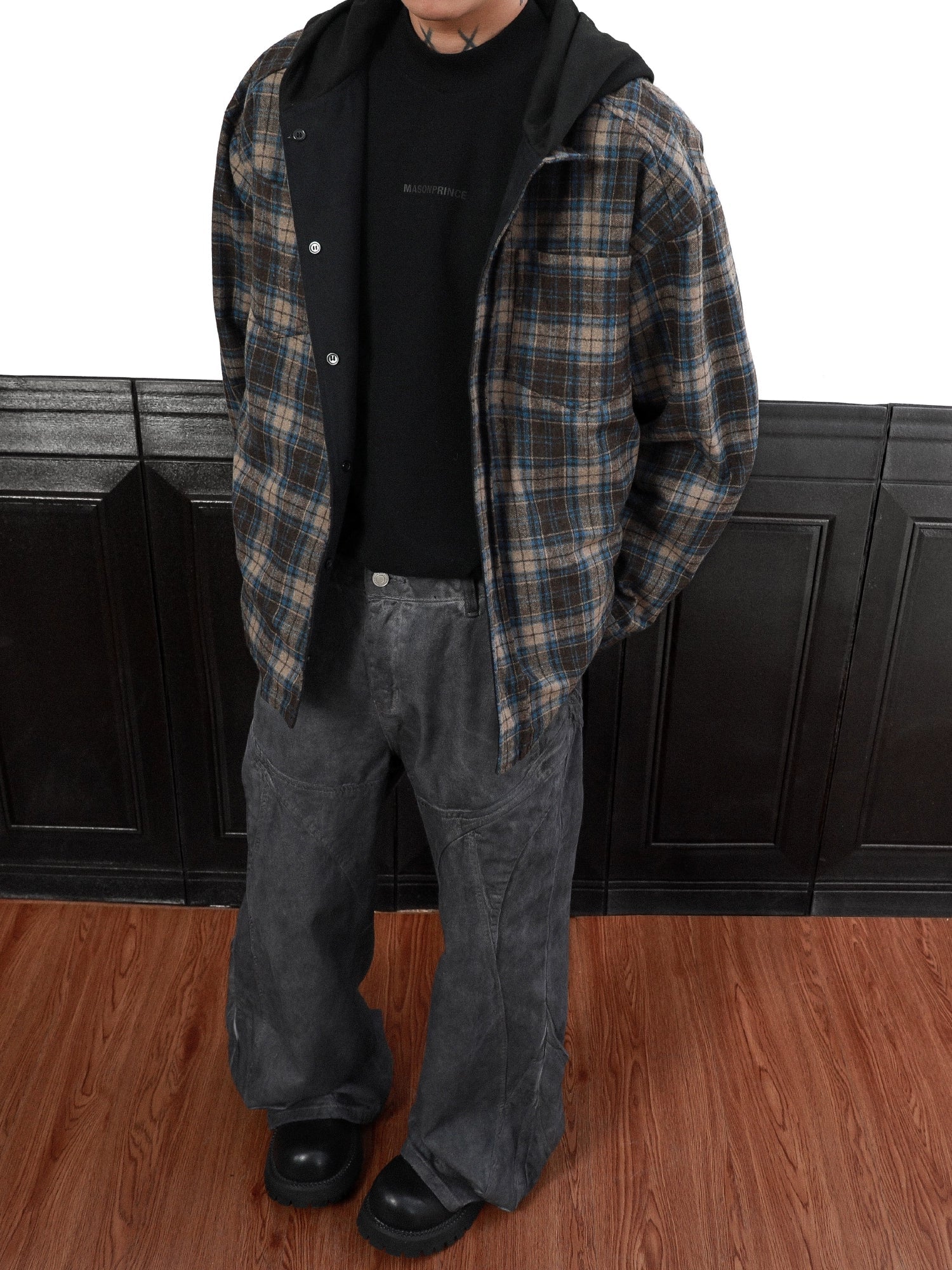 Amerikanische Retro-Jacke mit doppelseitigem Karomuster und Kapuze, Herren-Nischen-Frühlingspullover, locker geschnitten 