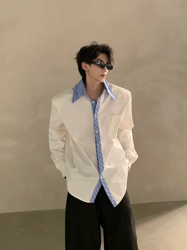 고급 니치 디자인 실루엣 스플라이싱 셔츠, 남성용 러피안 핸섬 솔리드 컬러 루즈핏 트렌드 셔츠 