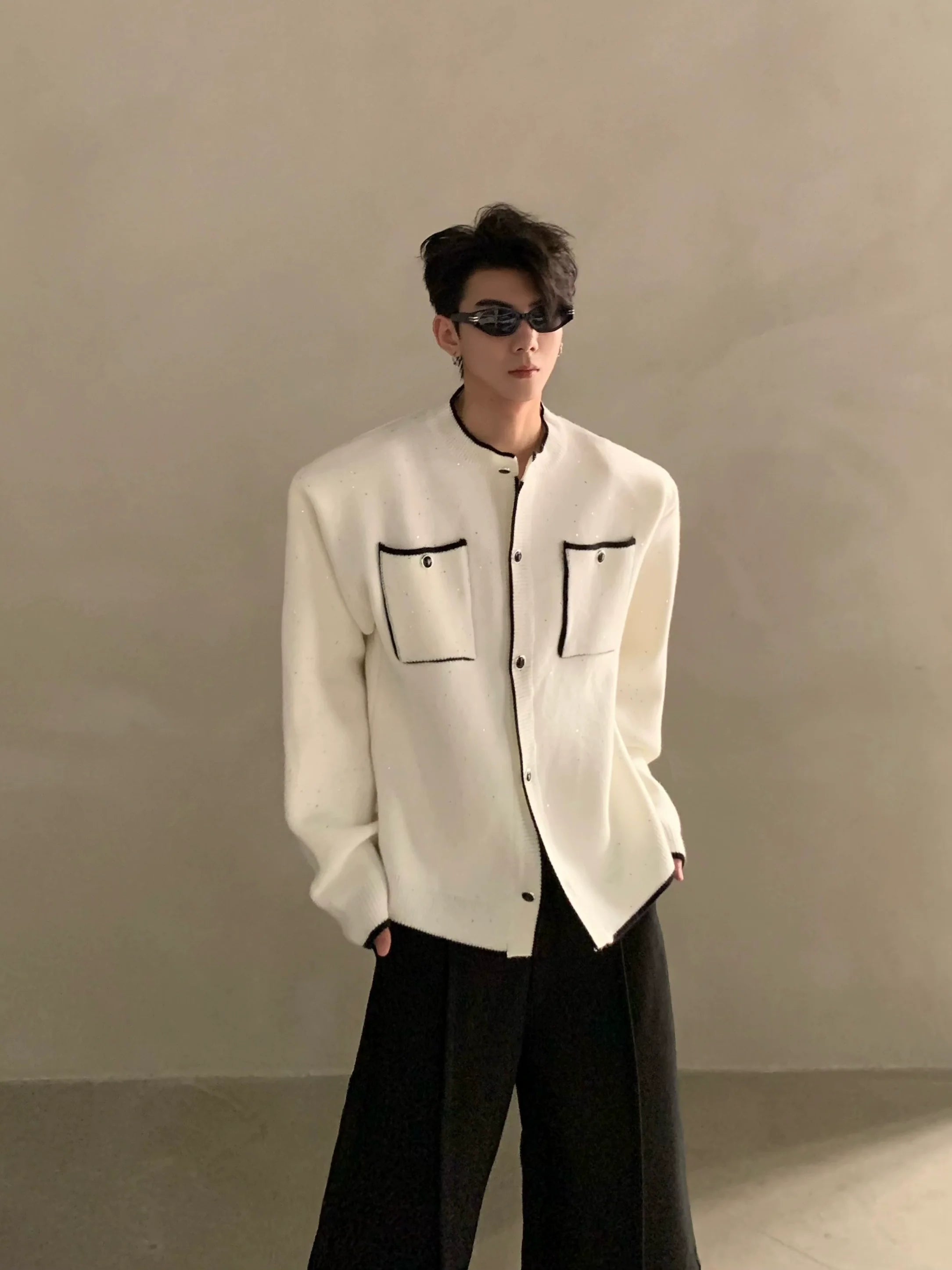 Autumn and winter light luxury high-end sense small fragrant wind contrasting color stand-up neck knitted cardigan men's button sweater jacket