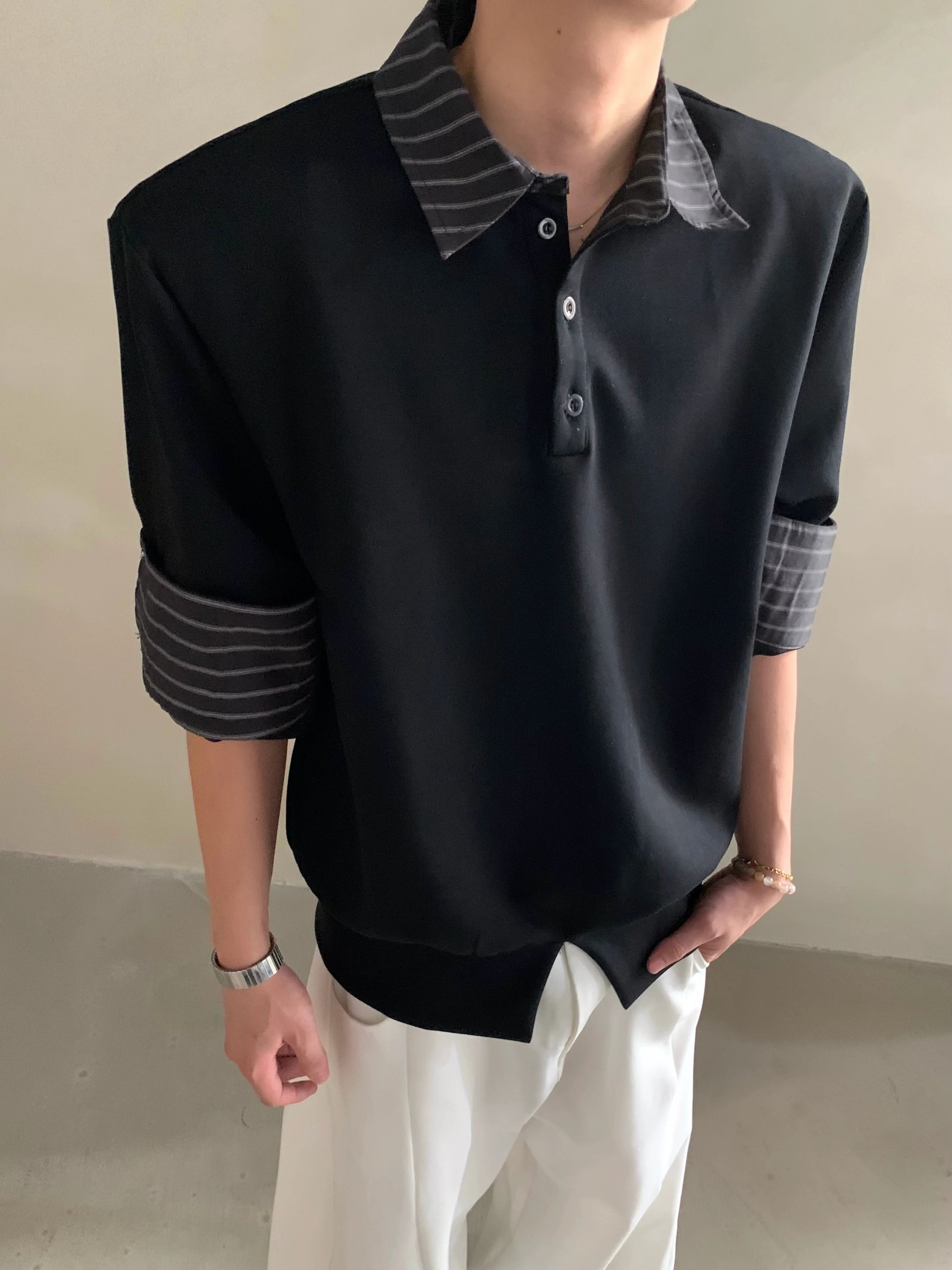 Niche light luxury high-end sense fake two-piece splicing design sense ruffian handsome casual Polo shirt men's trend