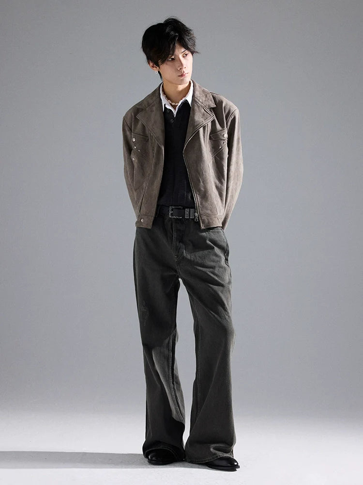 Suede Western "Rivet Short Wide Gun Barge Collar Versatile Boxy Deconstructed Suede Jacket