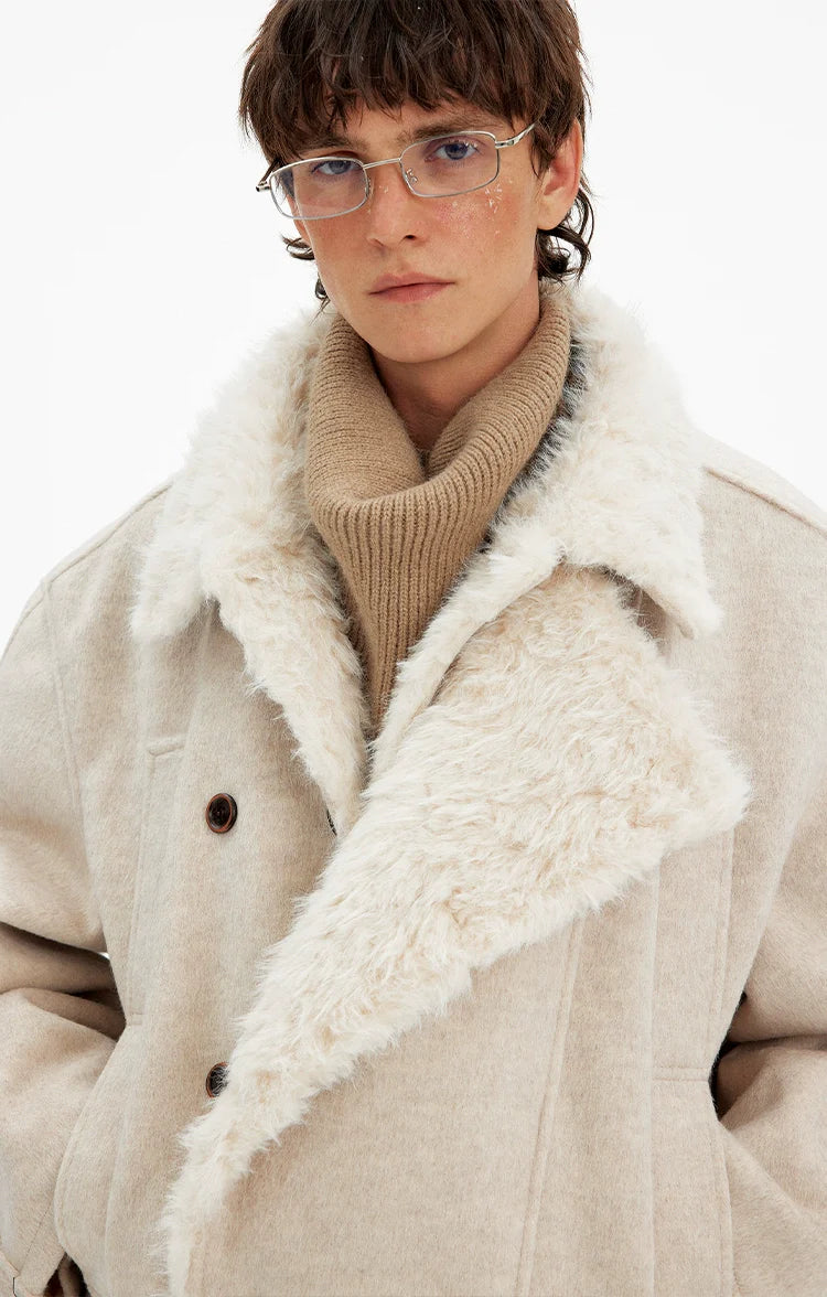 Vintage high-end double-breasted fur collar cotton clothes men's and women's winter casual wool blended warm jacket