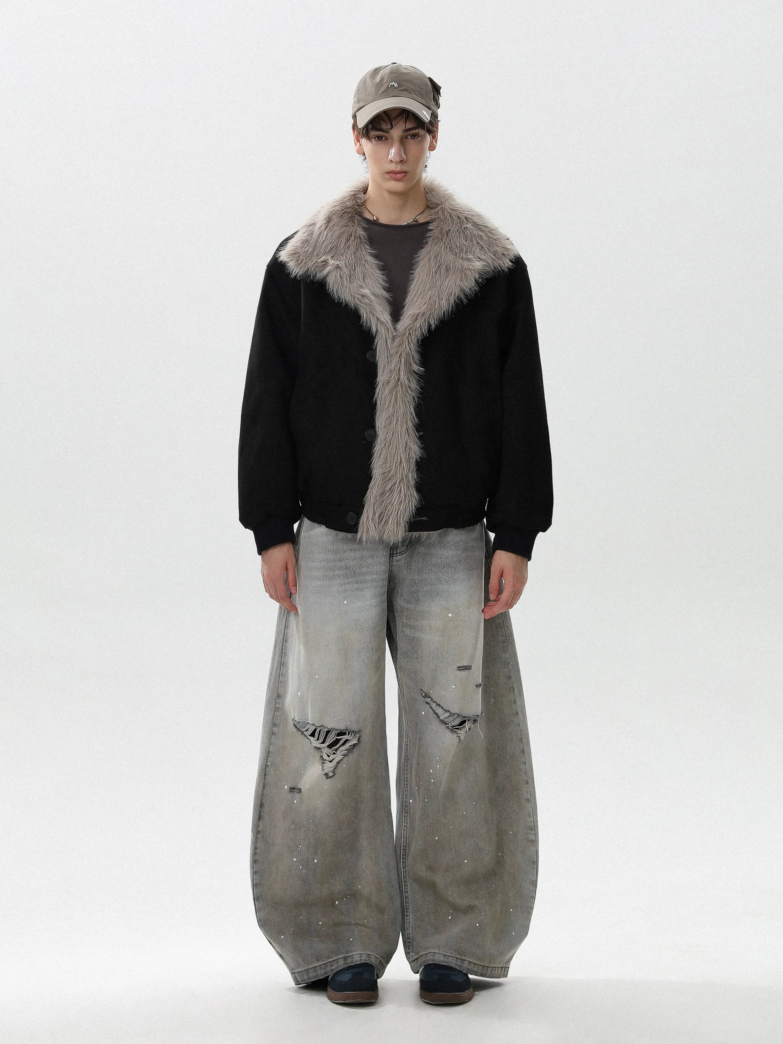 미국 레트로 스타일의 산악 조각 무늬 모조 모피 일체형 두툼한 라펠이 달린 따뜻한 면 재킷 트렌디한 디자인 