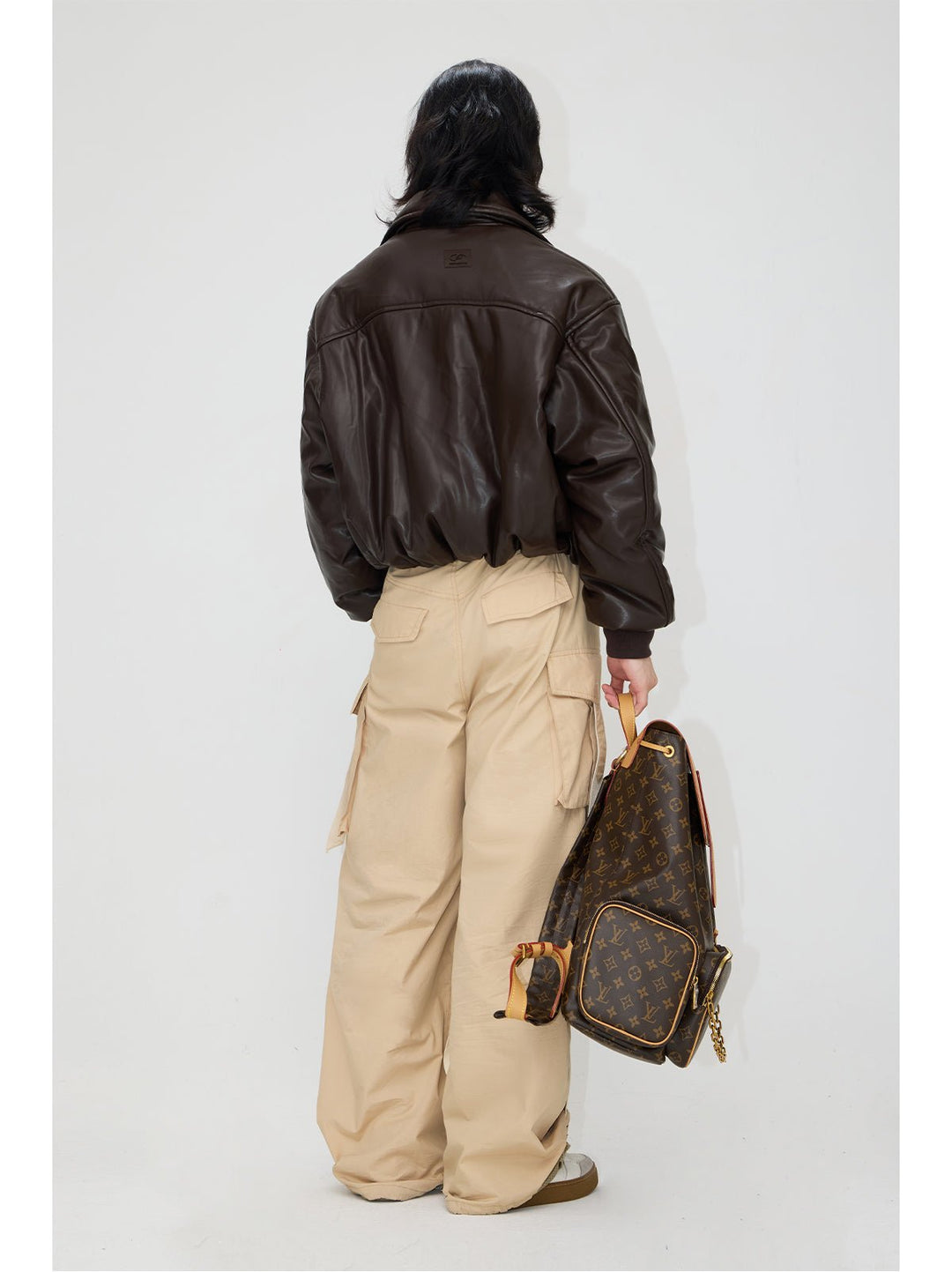 [PeopleStyle] Vintage Leder-Baumwolljacke mit überschnittenen Schultern st1792 