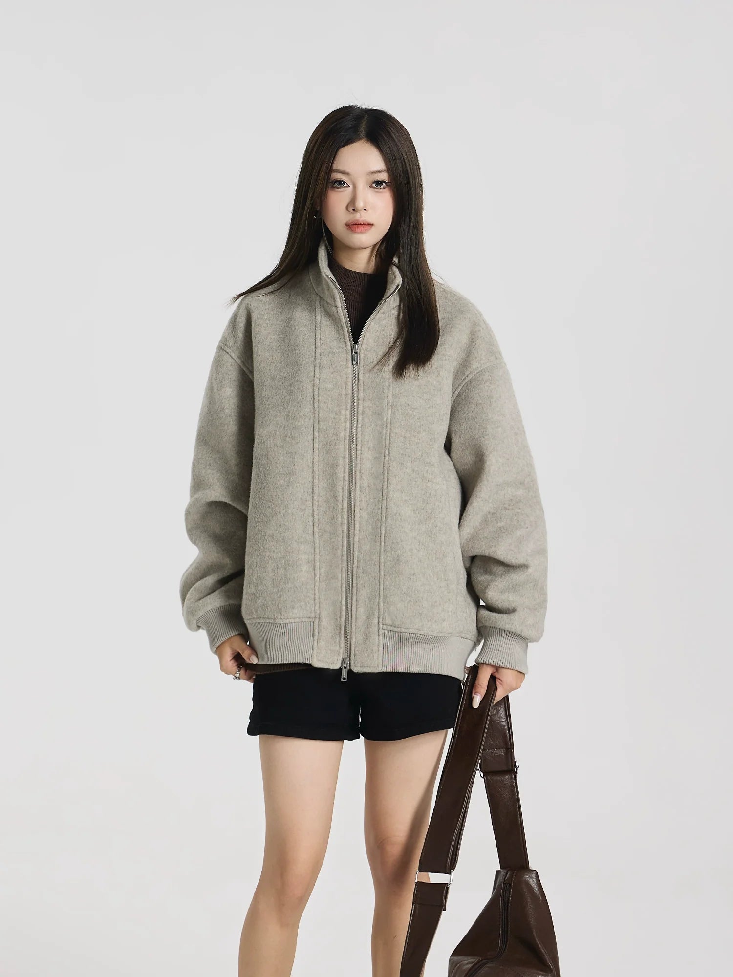 Custom-woven wool-blend woolen short silhouette loose stand-up collar fashion jacket
