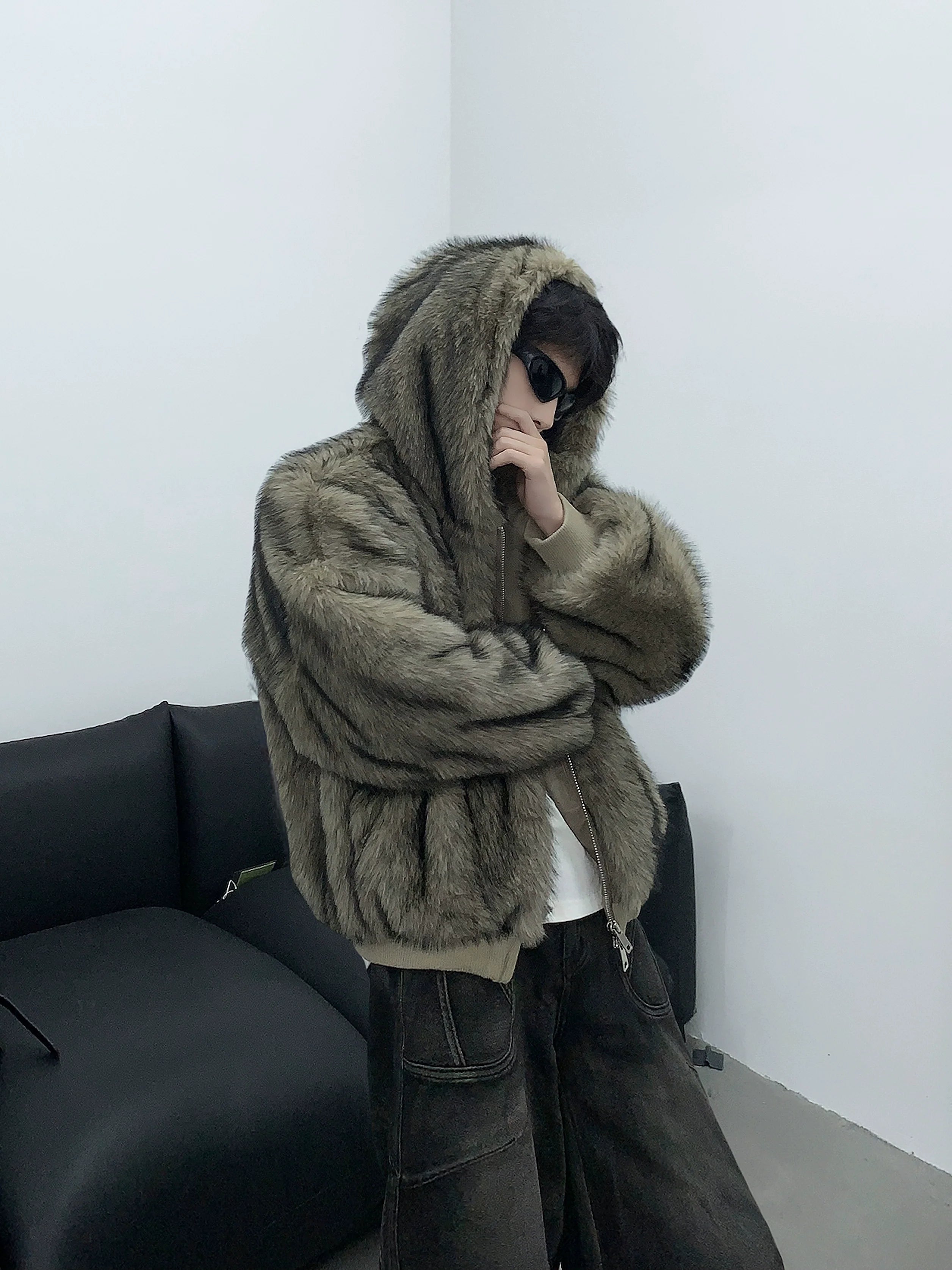 Winter thickened warm plush hooded mink jacket men's imitation fur cleanfit mink cotton jacket