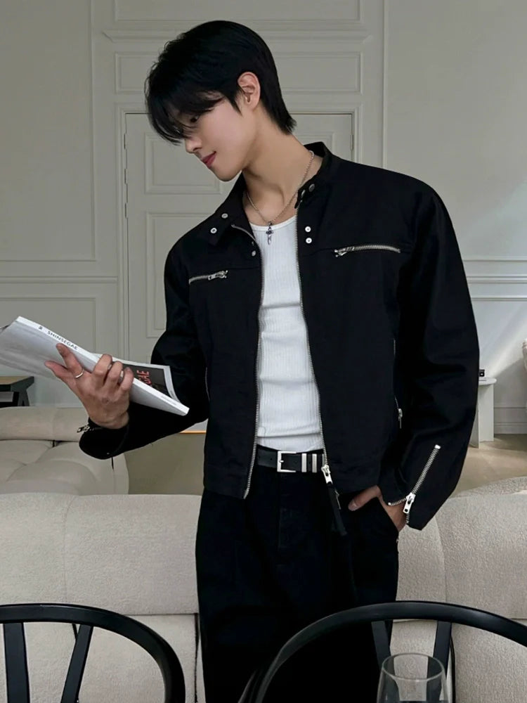 고급스러운 남성용 봄철 기능성 반팔 재킷, 루즈핏 스탠드업 칼라 재킷, 한국 트렌드의 멋쟁이 스타일 상의 