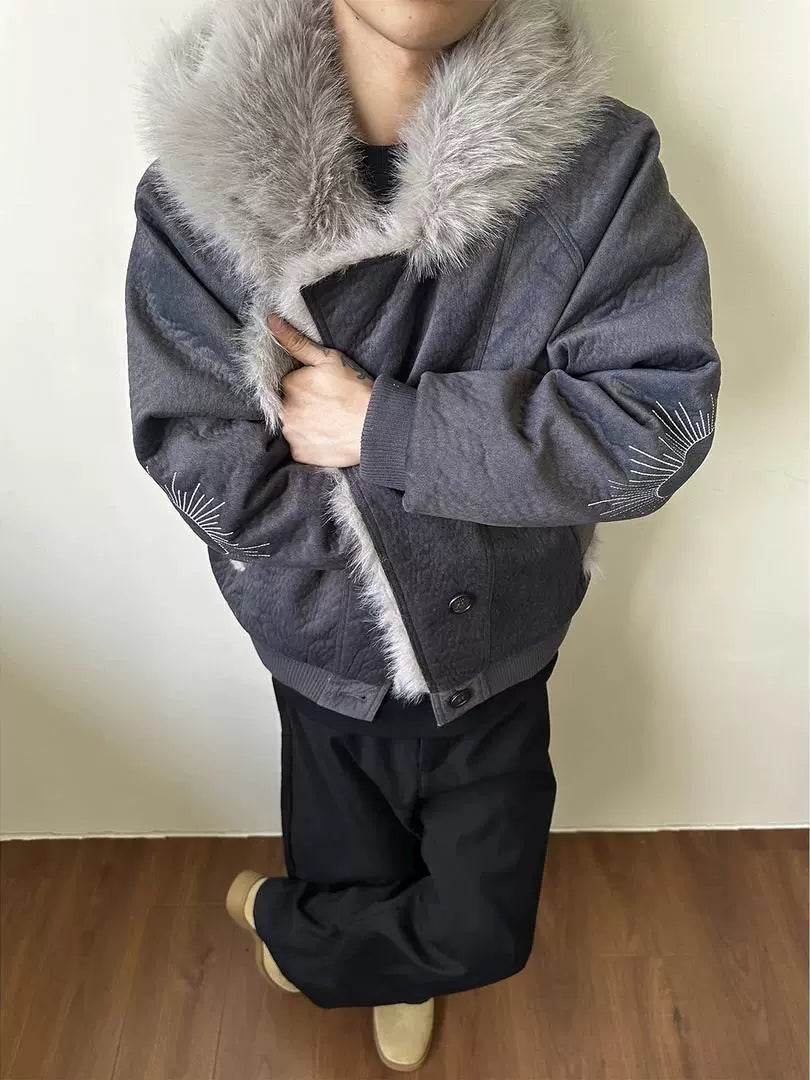 Skywolf Mountain Carving Fur Collar Cotton Jacket Men's and Women's Winter Fleece Thickened Loose Hooded Jacket Cotton Jacket