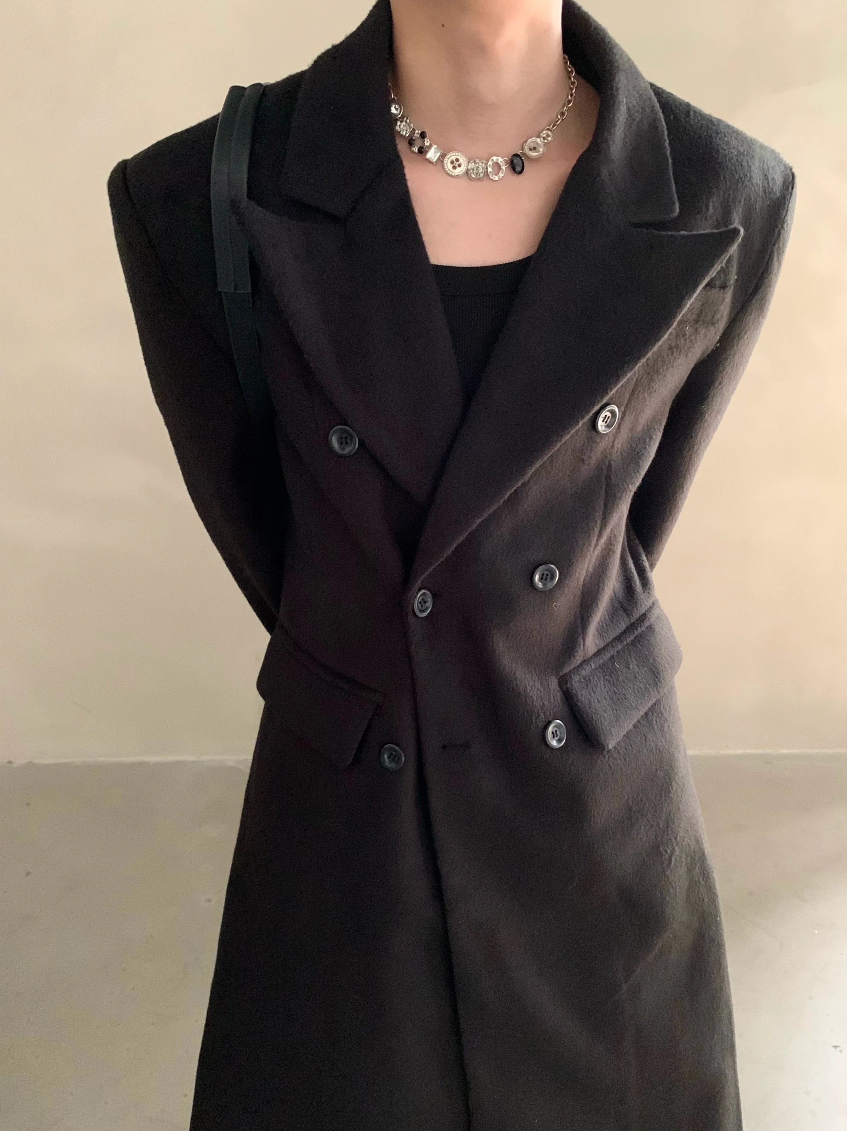 Winter niche shoulder padded silhouette woolen coat men's long double-breasted premium trench coat