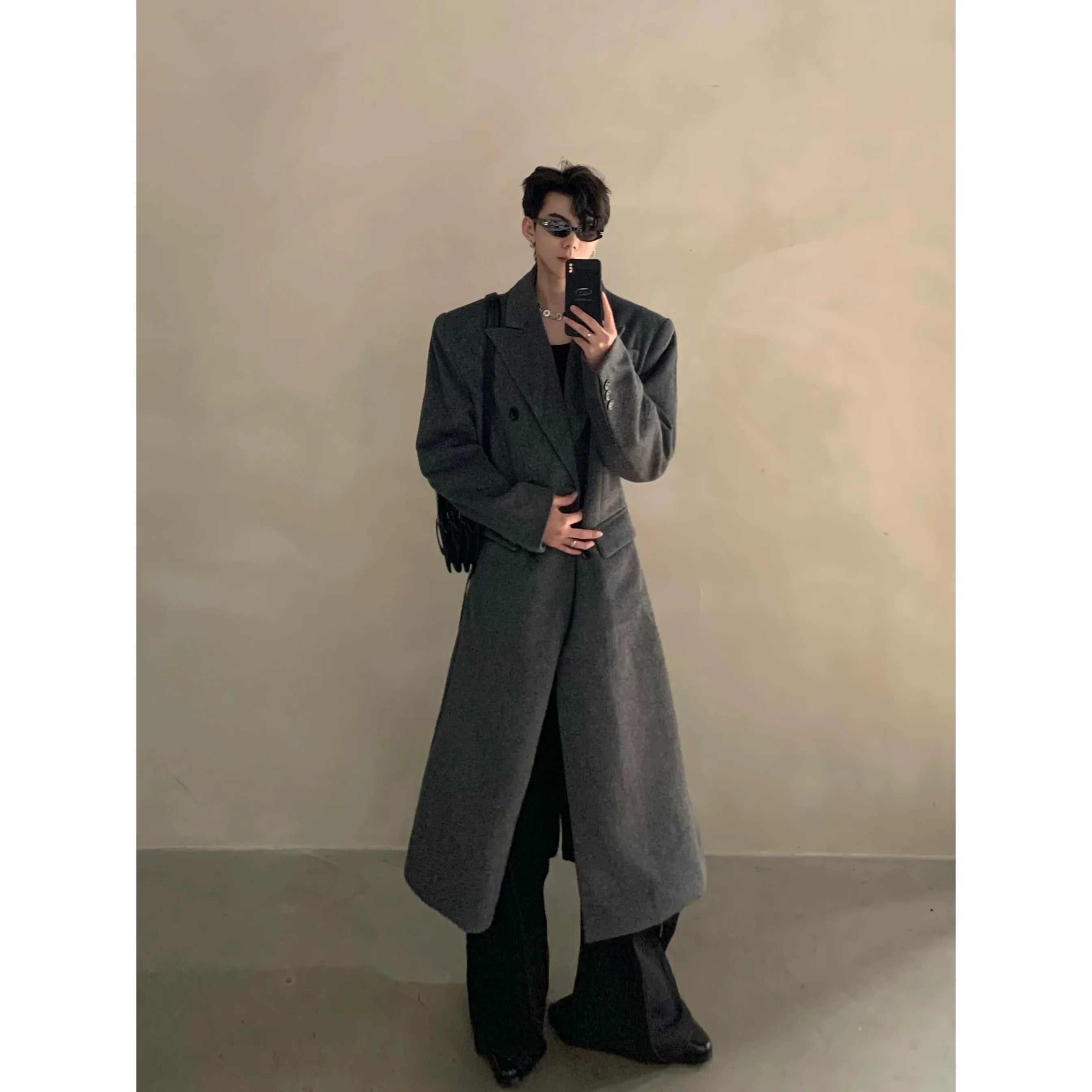 Winter niche shoulder padded silhouette woolen coat men's long double-breasted premium trench coat