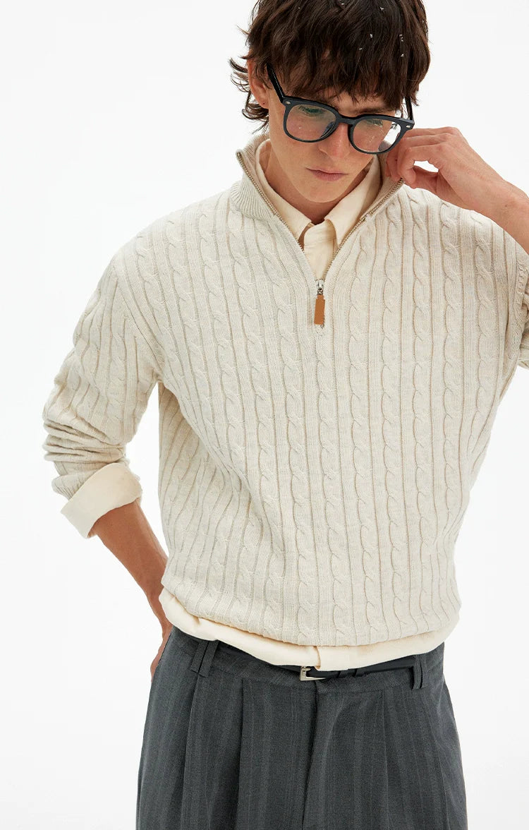 미국 레트로 스타일의 트위스트 하프 지퍼 스웨터, 남녀 공용, 가을/겨울 캐주얼, 느긋한 바람에 어울리는 부드럽고 윤기 있는 니트 스웨터, 트렌디한 디자인 