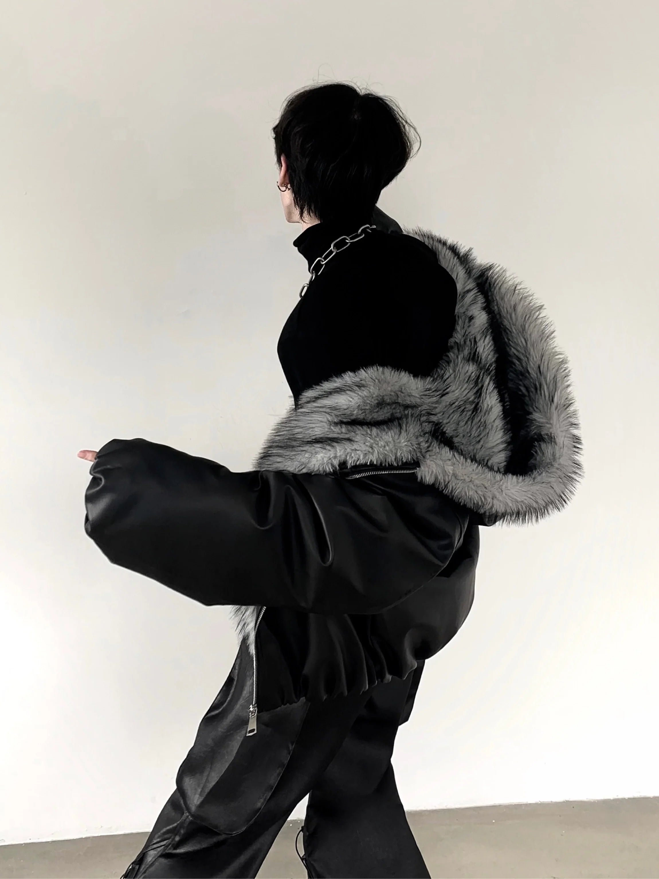 Wolf King Mountain Eagle Hooded Big Fur Collar Thick Jacket Men's Winter Fleece Premium Visual Leather Jacket