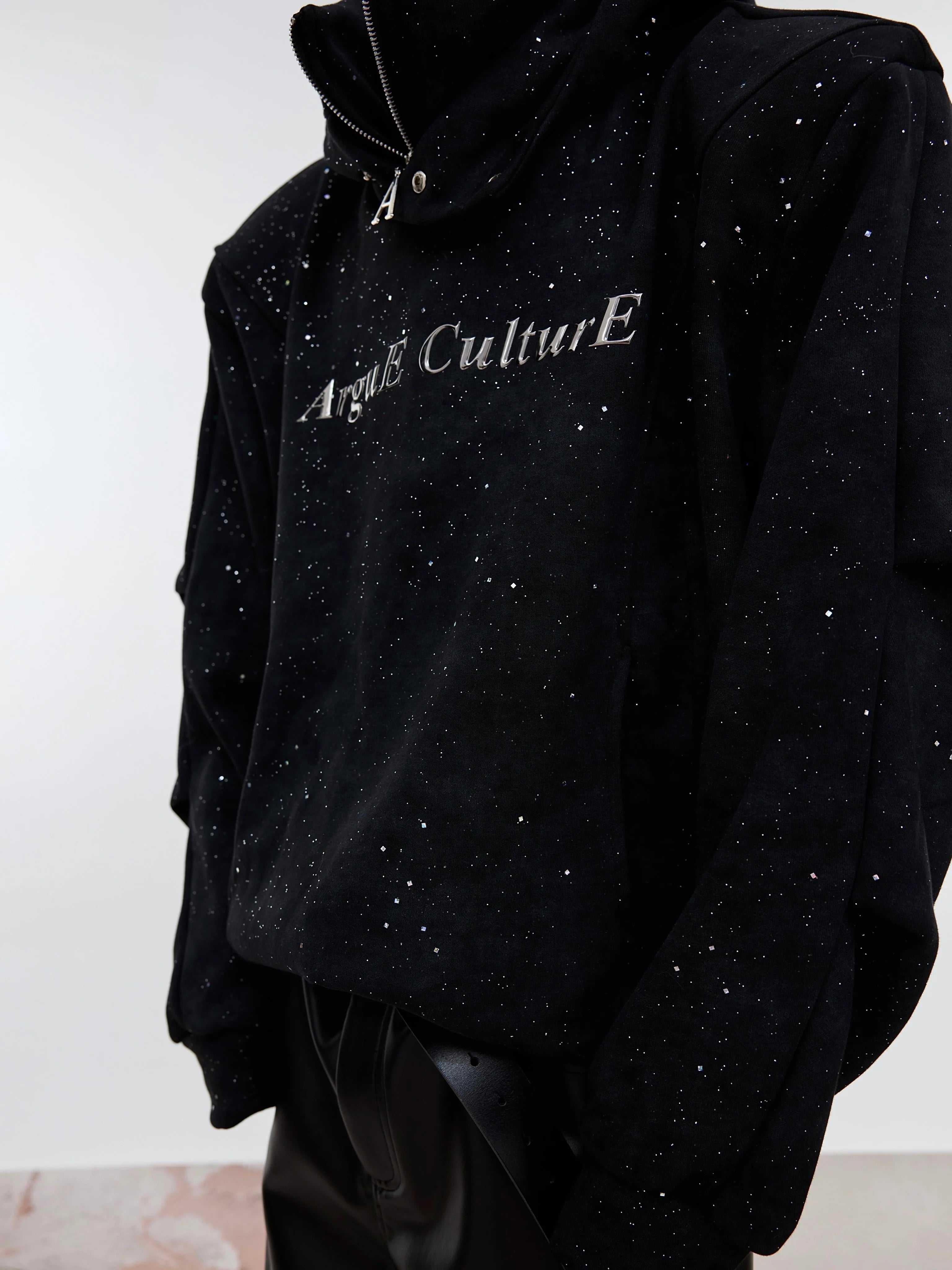 Niche old fine flash double collar design sense casual shoulder pads hooded sweater loose trend top