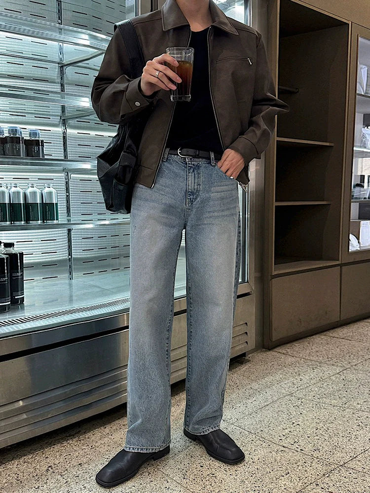 American retro short leather jacket men's autumn loose lapel leather jacket Korean trend ruffian handsome locomotive clothing